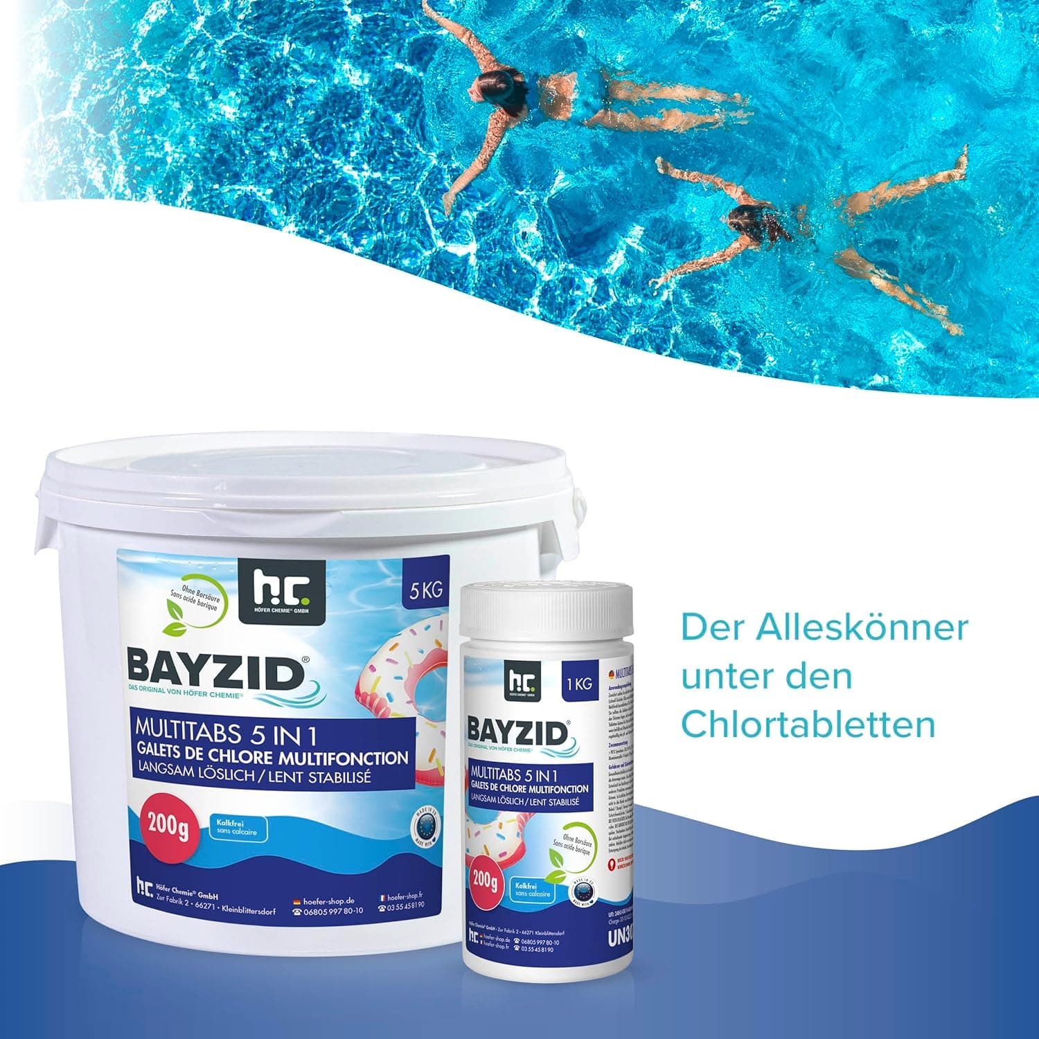 BAYZID Chlor Multitabs 5 in 1-200g Chlortabletten für Pool - 5kg - 5-Phasen Pflege &amp; Reinigung - Made in Europe - Für kristallklares Poolwasser
