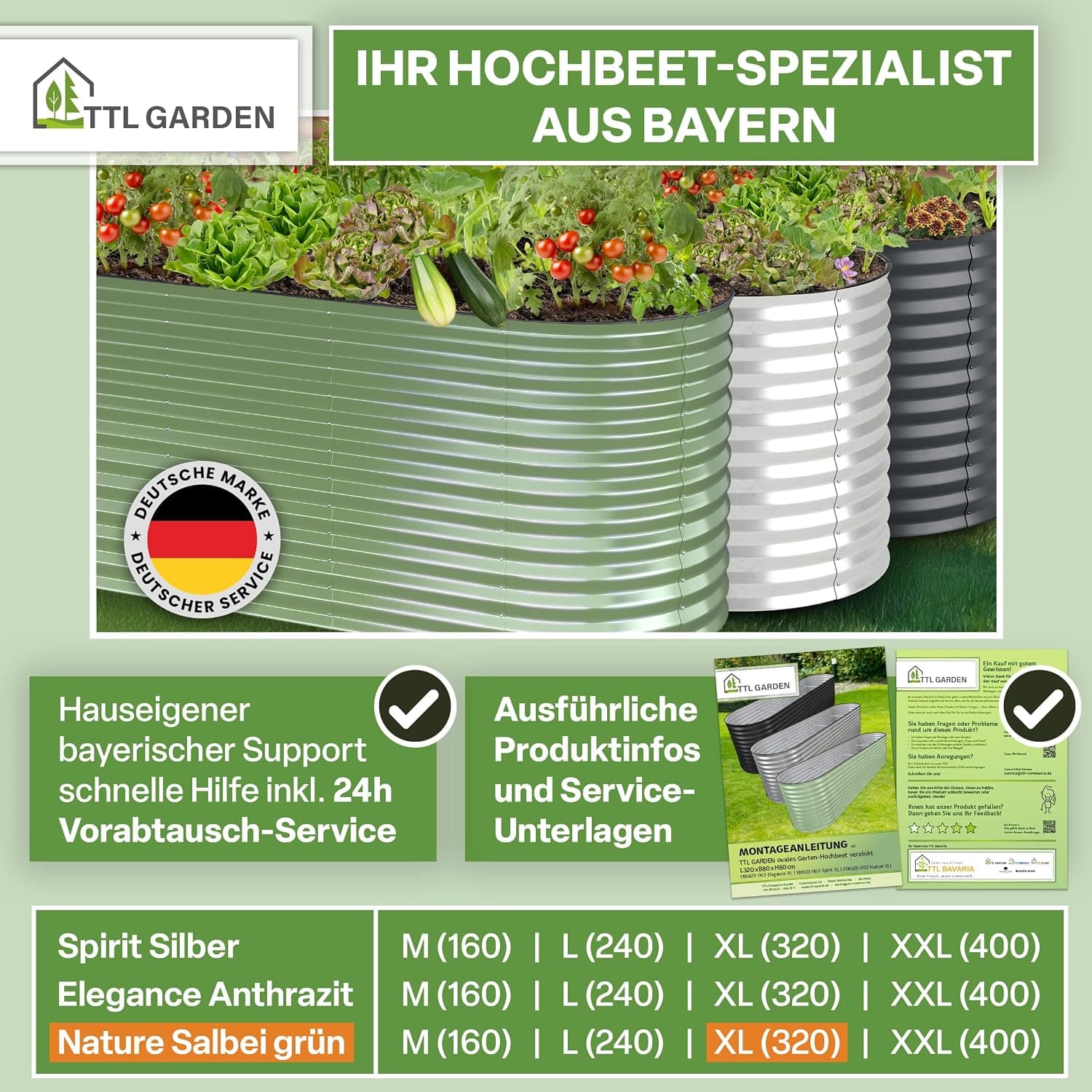 TTL GARDEN 320x80x80cm Nature XL Metall Hochbeet Salbei-Grün - Stahl rostfrei verzinkt &amp; lackiert Wellblech oval 80cm hoch sehr stabil Garten Beet für Gemüse Kräuter Blumen Gartenbeet Gemüsebeet
