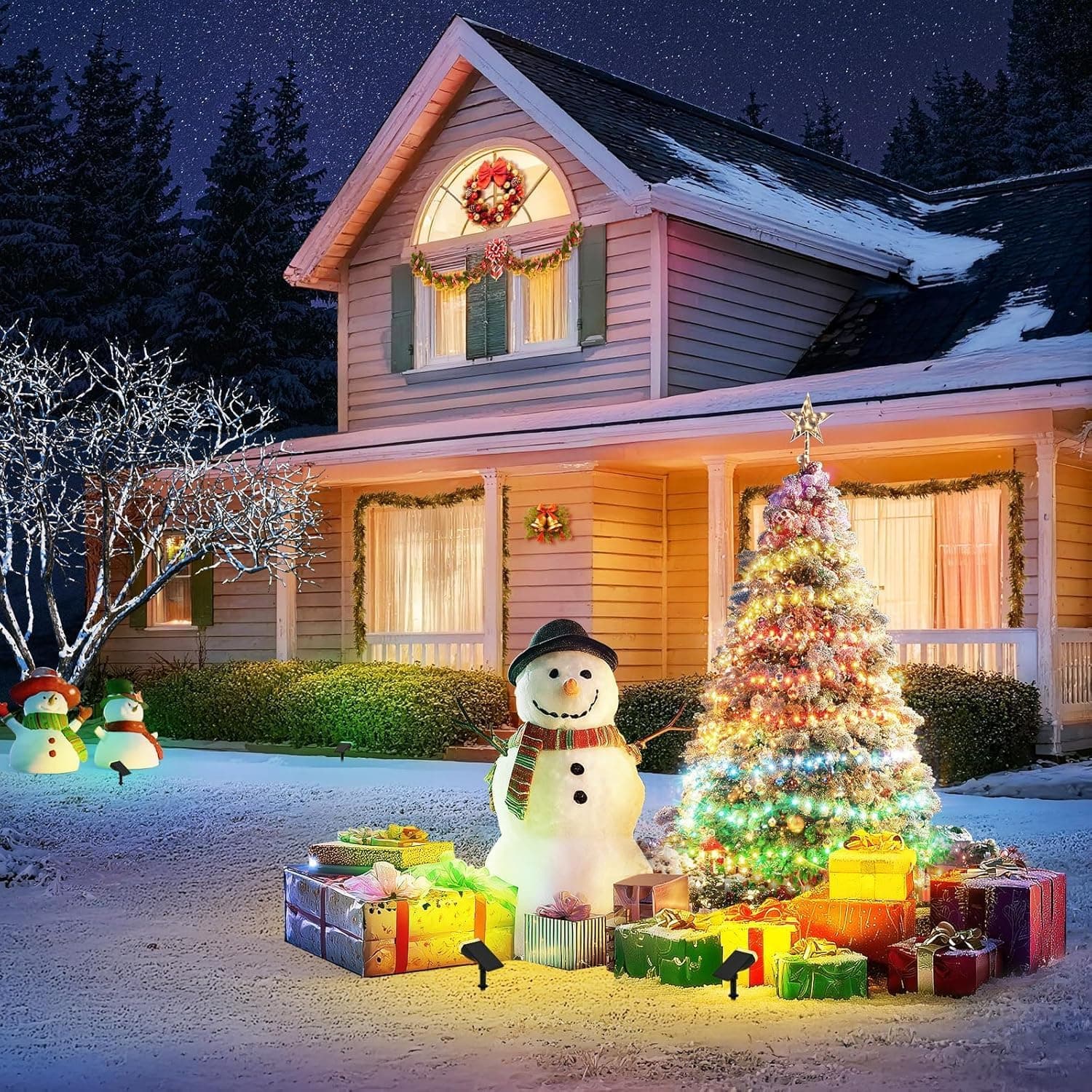 Linkind Bunt Solarlampen für Außen, RGB+Weiß Solar Strahler Garten mit 10 Lichtmodi, Solar Außenleuchte 2 in 1 Montage, Dusk to Dawn IP65 Solarleuchte StarRay für Bäume, Vorgarten, Hof, 2 Stück