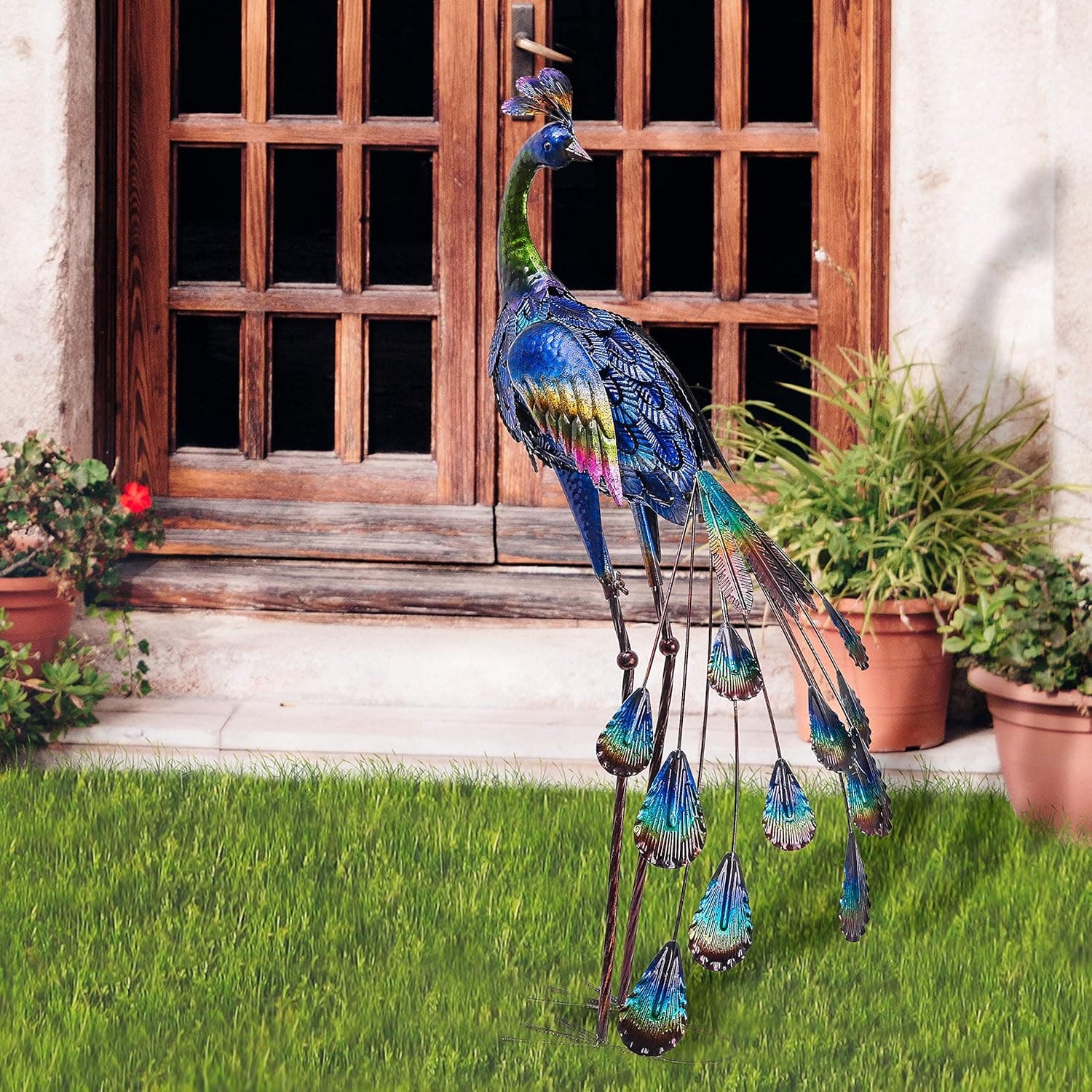 TERESA'S COLLECTIONS Gartendeko für draußen, 61cm große Gartenstatue, Pfau, aus Metall, Skulpturen, stehend, für Dekoration von Rasen, Terrasse,Muttertagsgeschenk Vatertagsgeschenk(M)