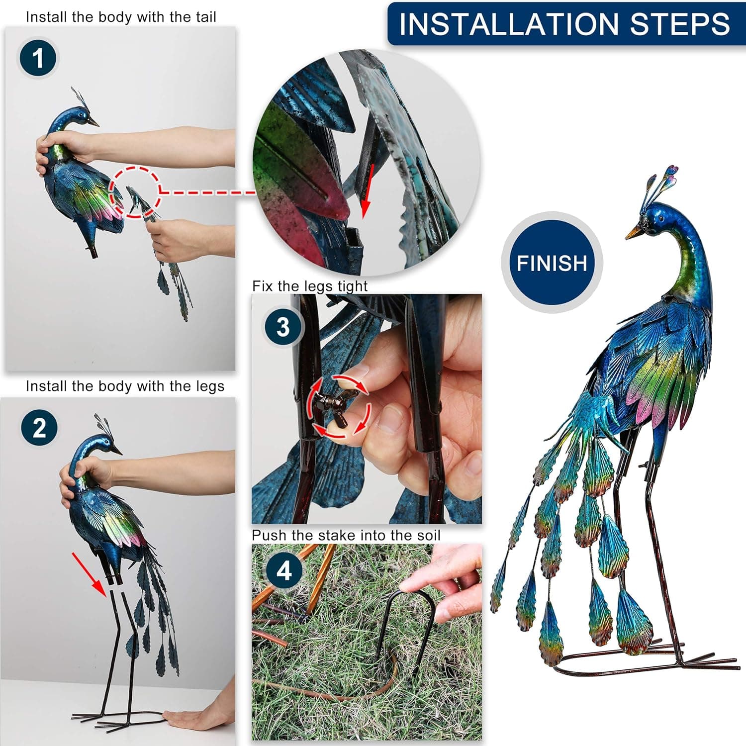 TERESA'S COLLECTIONS Gartendeko für draußen, Gartenfigur für Außen, 45.7cm Metall Pfau Wetterfest Figur, Stehende Pfau Metallfigur für Terrasse Balkon Rasen, Muttertagsgeschenk Vatertagsgeschenk(M)