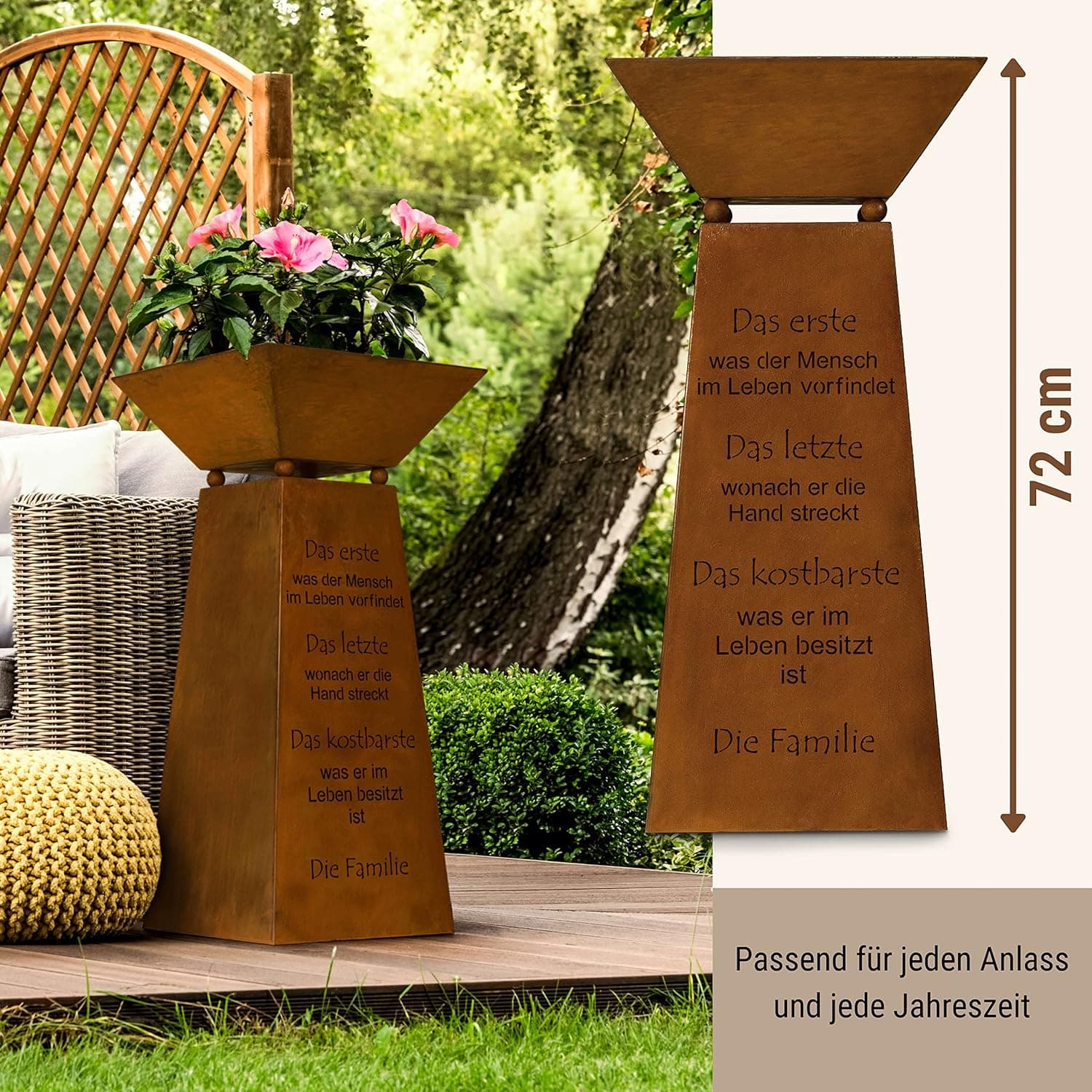 Rostikal Edelrost Säule Familie 72 cm - Pflanzsäule mit Schale und Spruch - Gartendeko Rost, Blumensäule Outdoor Vintage, Rostsäule für Garten, Balkon und Terrasse