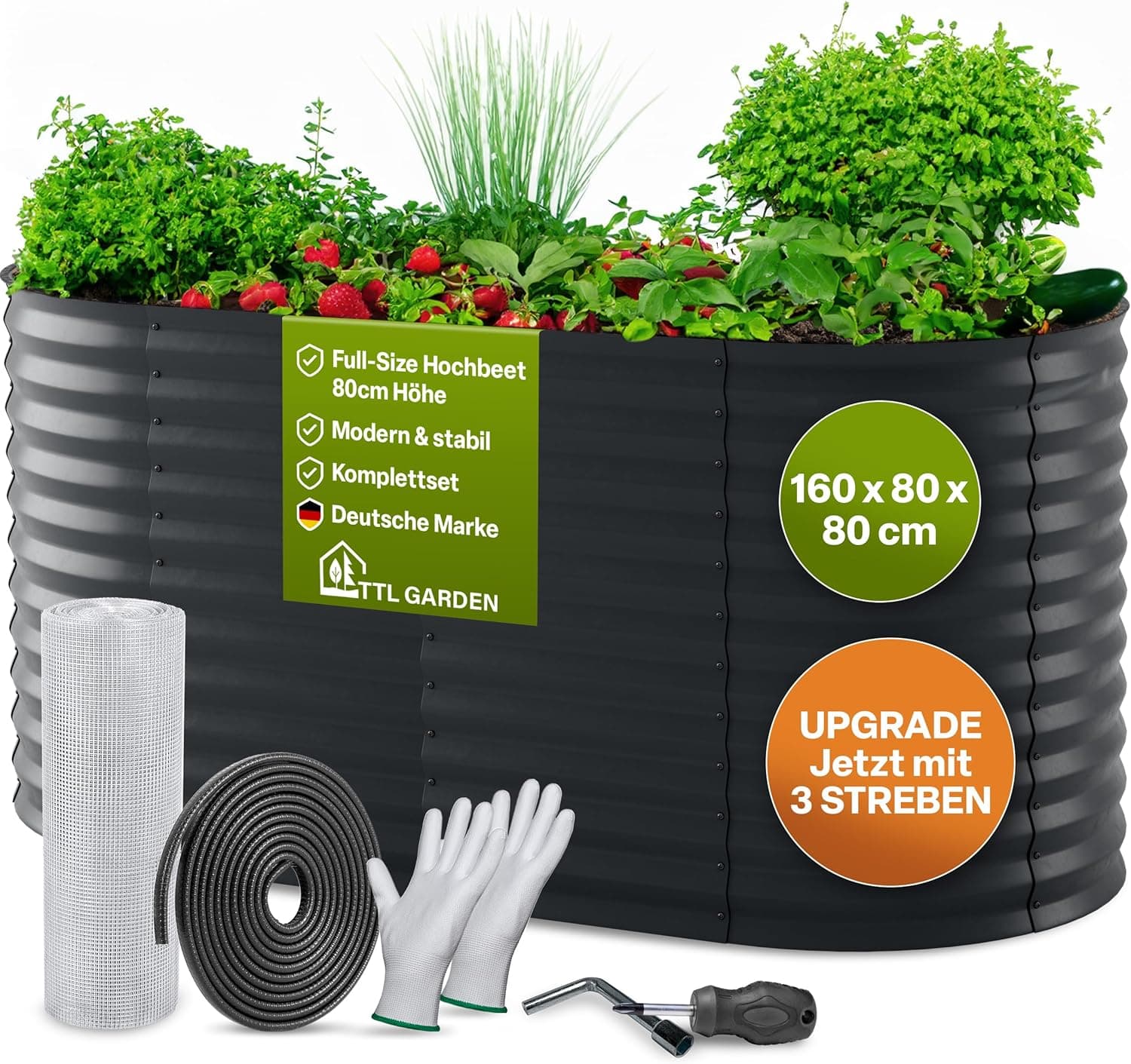 TTL GARDEN 320x80x80cm Elegance XL Metall Hochbeet Anthrazit - Stahl rostfrei verzinkt &amp; grau lackiert Wellblech ovale Form sehr stabil Garten Beet für Gemüse Kräuter Blumen Gartenbeet Gemüsebeet