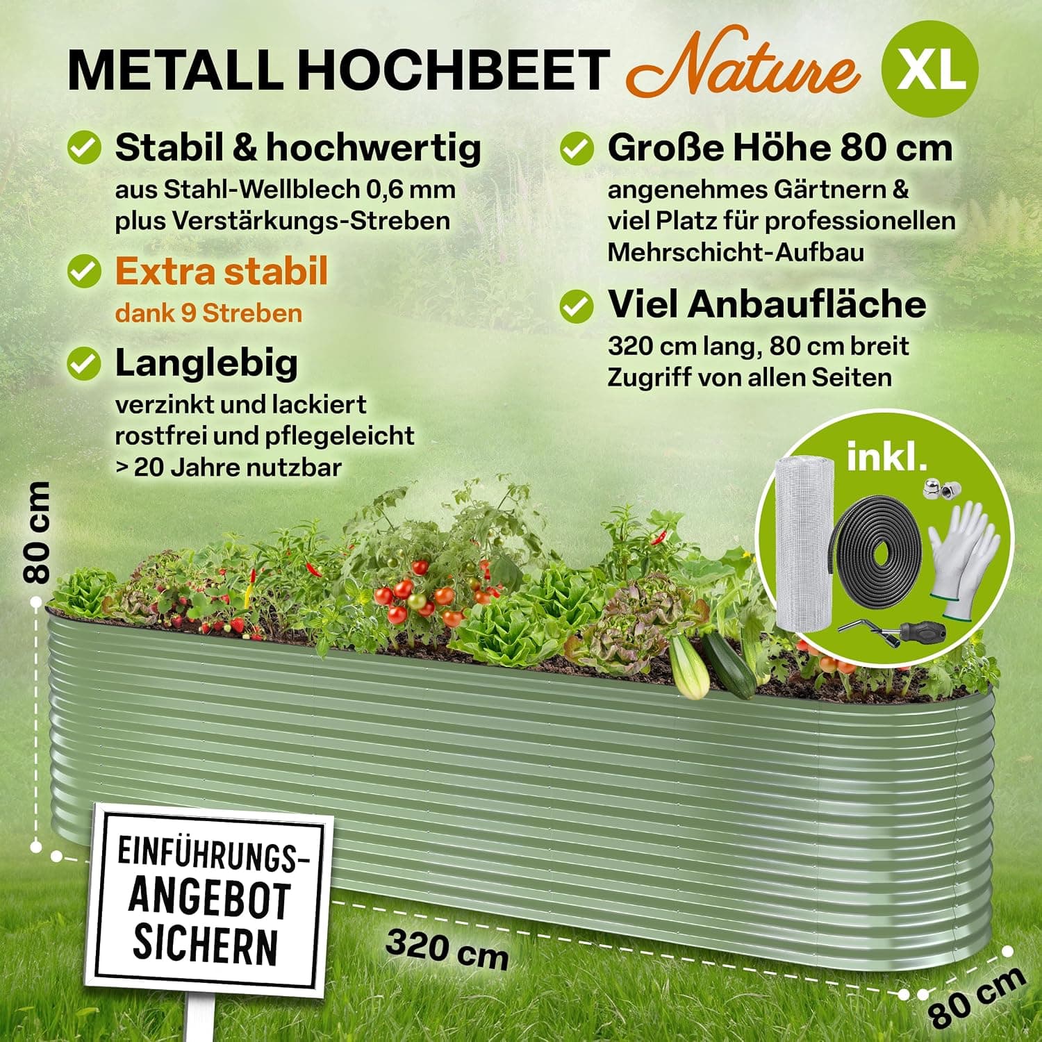 TTL GARDEN 320x80x80cm Nature XL Metall Hochbeet Salbei-Grün - Stahl rostfrei verzinkt &amp; lackiert Wellblech oval 80cm hoch sehr stabil Garten Beet für Gemüse Kräuter Blumen Gartenbeet Gemüsebeet