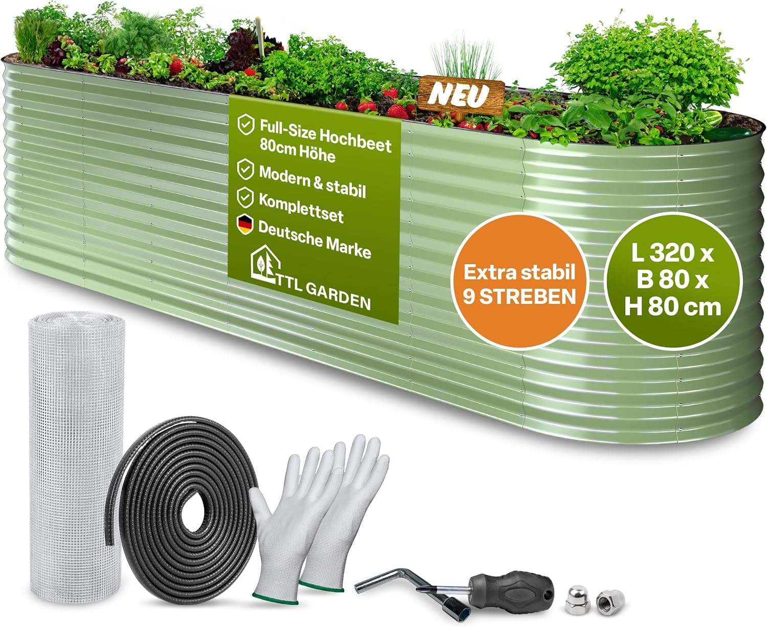 TTL GARDEN 320x80x80cm Nature XL Metall Hochbeet Salbei-Grün - Stahl rostfrei verzinkt &amp; lackiert Wellblech oval 80cm hoch sehr stabil Garten Beet für Gemüse Kräuter Blumen Gartenbeet Gemüsebeet