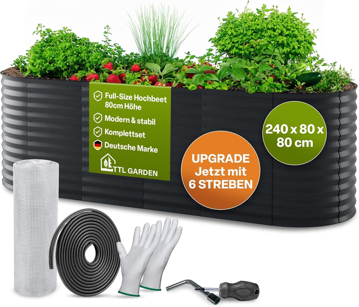 TTL GARDEN 320x80x80cm Elegance XL Metall Hochbeet Anthrazit - Stahl rostfrei verzinkt &amp; grau lackiert Wellblech ovale Form sehr stabil Garten Beet für Gemüse Kräuter Blumen Gartenbeet Gemüsebeet