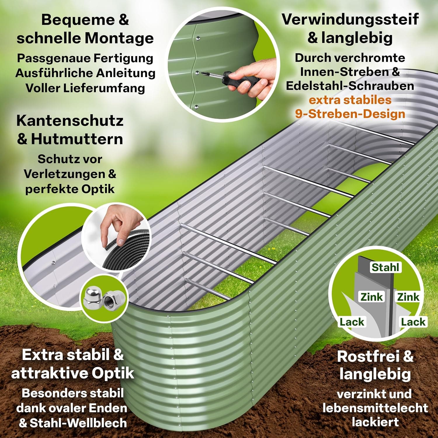 TTL GARDEN 320x80x80cm Nature XL Metall Hochbeet Salbei-Grün - Stahl rostfrei verzinkt &amp; lackiert Wellblech oval 80cm hoch sehr stabil Garten Beet für Gemüse Kräuter Blumen Gartenbeet Gemüsebeet