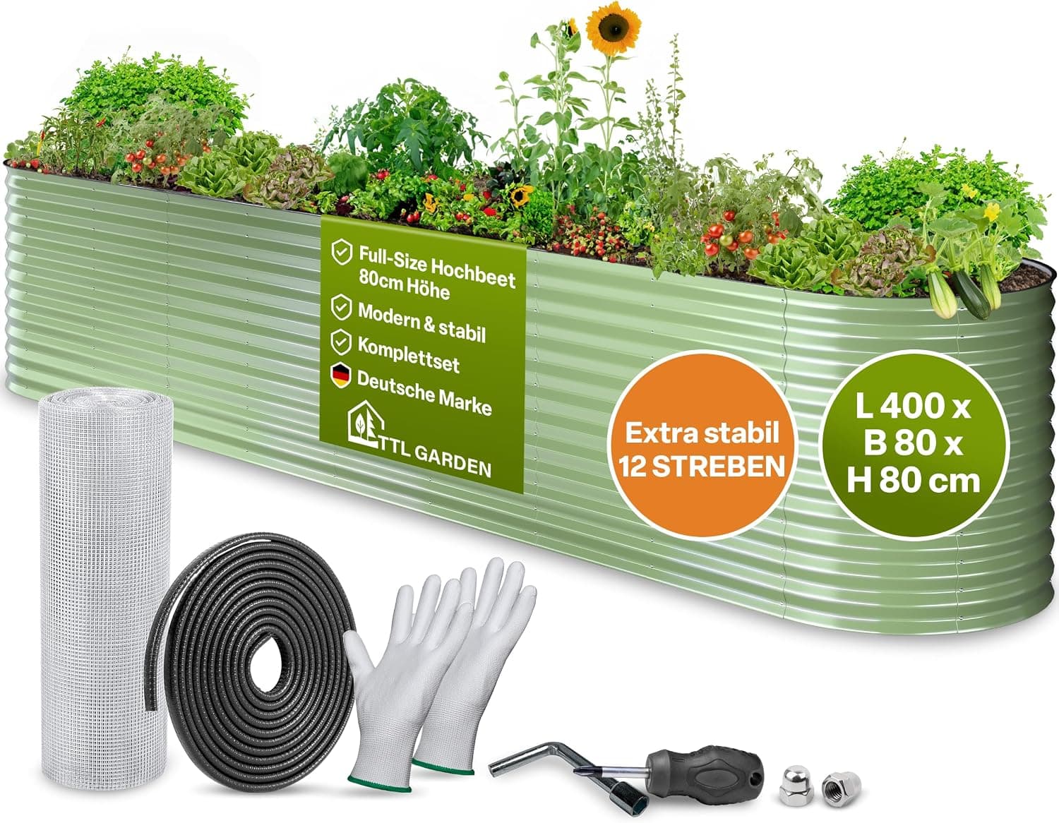 TTL GARDEN 320x80x80cm Nature XL Metall Hochbeet Salbei-Grün - Stahl rostfrei verzinkt &amp; lackiert Wellblech oval 80cm hoch sehr stabil Garten Beet für Gemüse Kräuter Blumen Gartenbeet Gemüsebeet