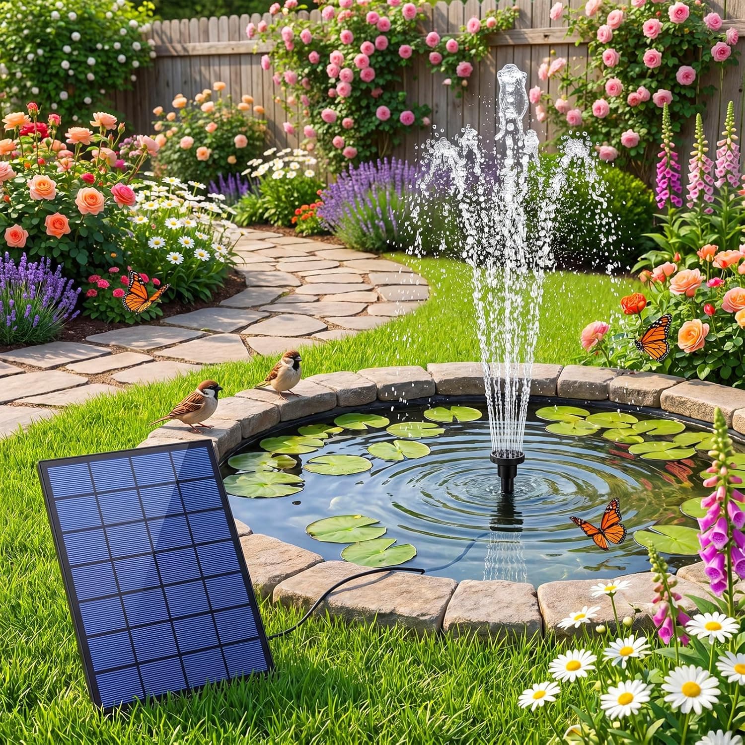 AISITIN Solar Springbrunnen für Außen, 2,5W DIY Solar Teichpumpe mit 1,2M Wasserleitung Solarbrunnen mit 6 Fontänenstile Solar schwimmender Fontäne Pumpe für Gartenteich, Vogel-Bad, Fisch-Behälter