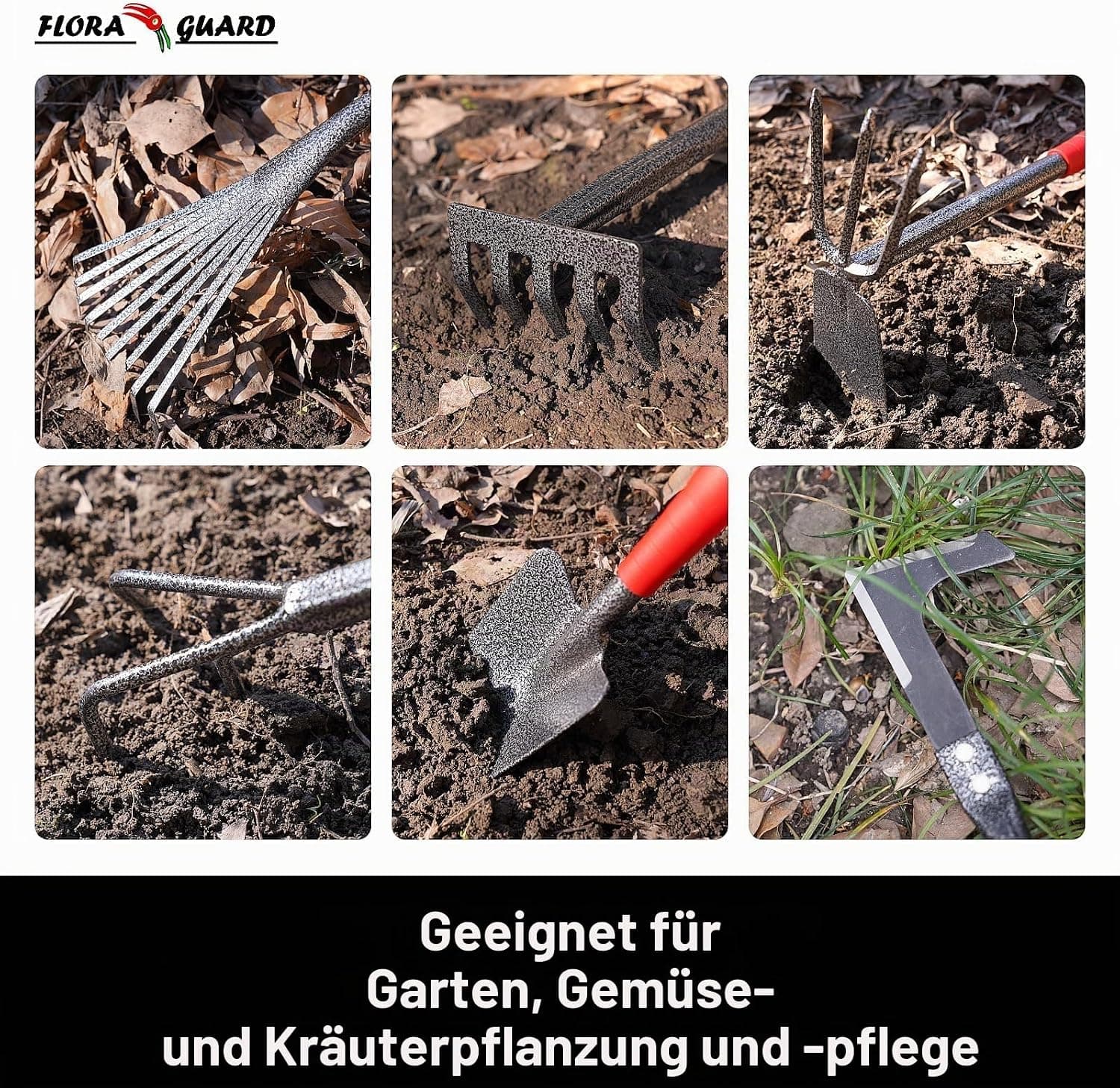 FLORA GUARD 6-teiliges Gartenwerkzeug Set, Gartengeräte Set mit Unkrautstecher, Kelle, Handrechen, Hacke &amp; Kultivator aus Kohlenstoffstahl, Garten Handwerkzeug Set für Pflanzenpflege und Bodenarbeit