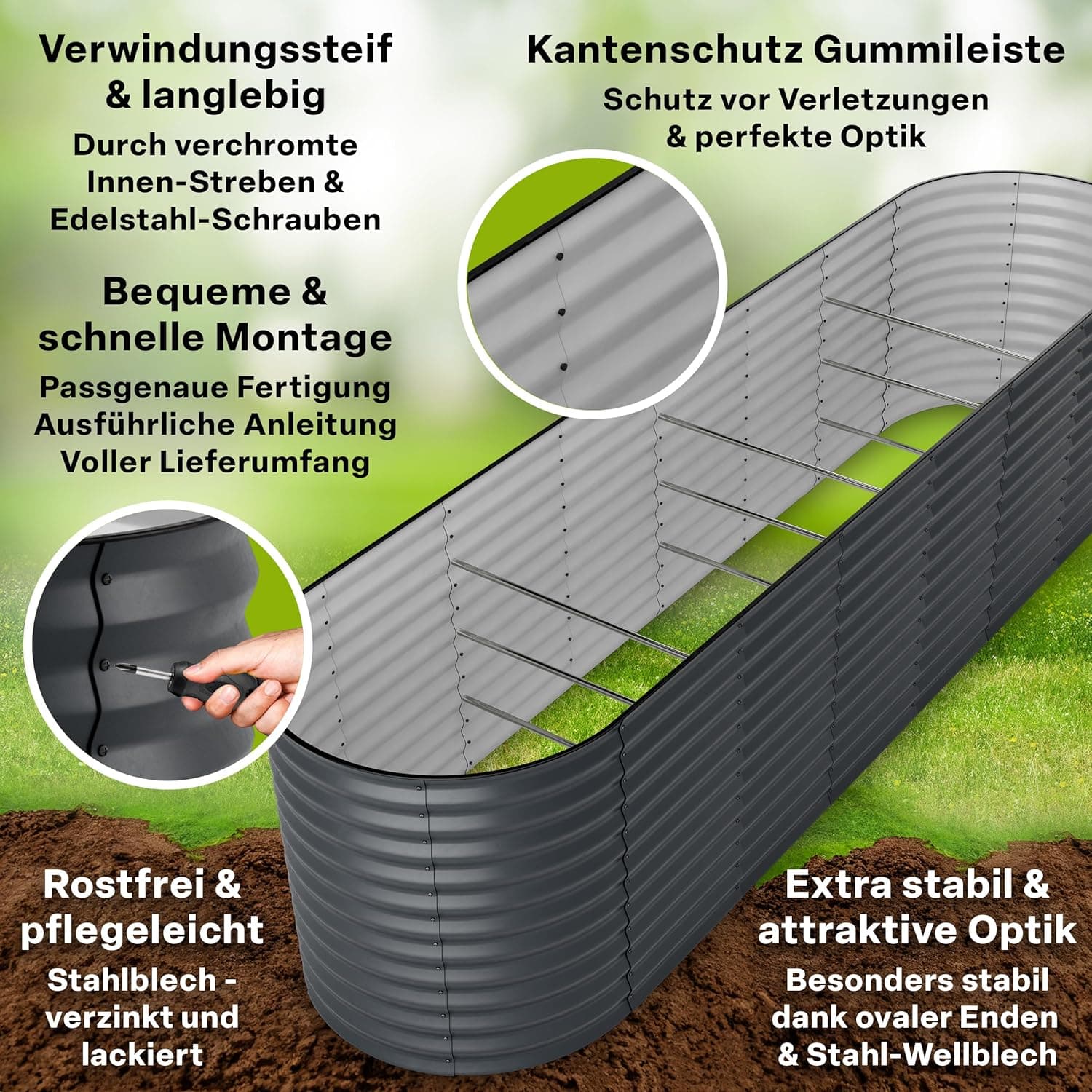 TTL GARDEN 320x80x80cm Elegance XL Metall Hochbeet Anthrazit - Stahl rostfrei verzinkt &amp; grau lackiert Wellblech ovale Form sehr stabil Garten Beet für Gemüse Kräuter Blumen Gartenbeet Gemüsebeet