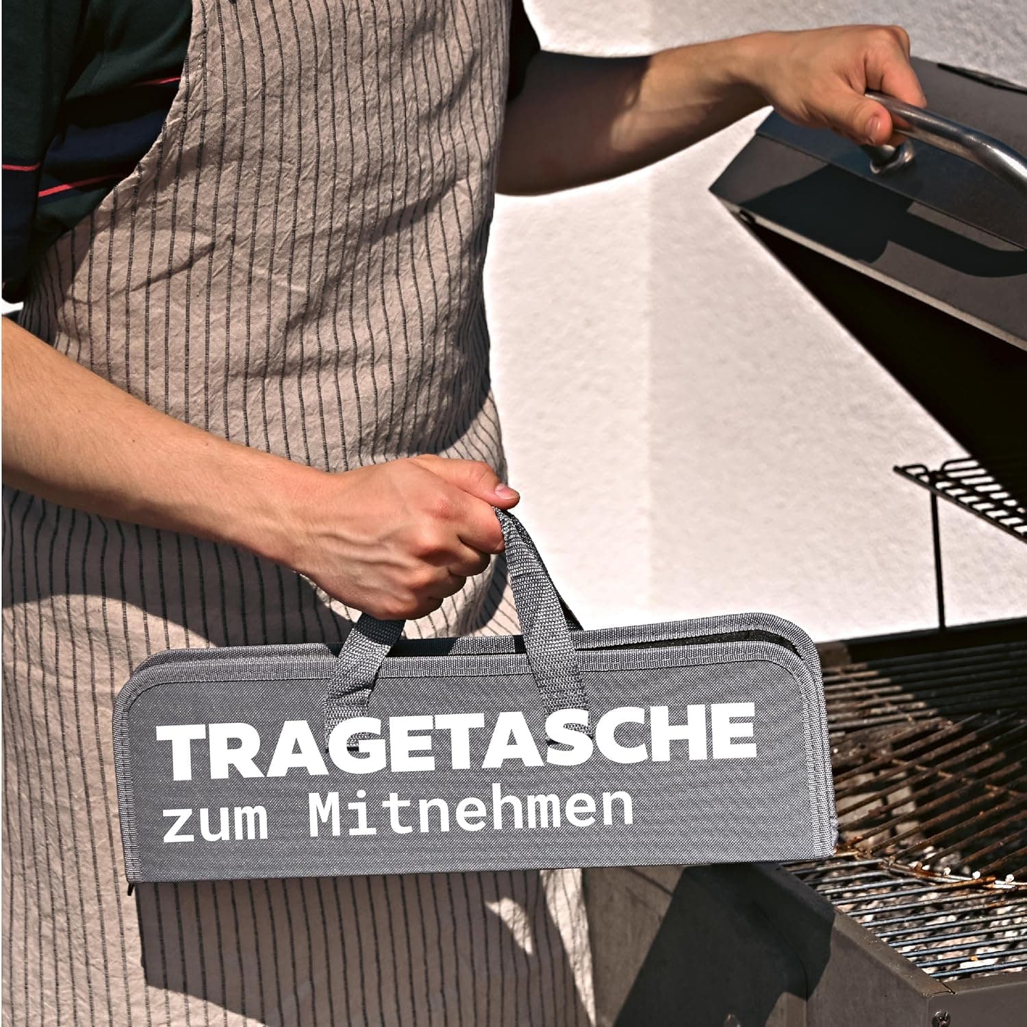 Praknu Grillbesteck Set mit Holzgriffen und Tragetasche - Hitzebeständig, Rostfrei und Robust - Grill Zubehör Set mit Grillbürste, Zange, Wender und Fleischgabel - Grillzubehör - Männer Geschenk