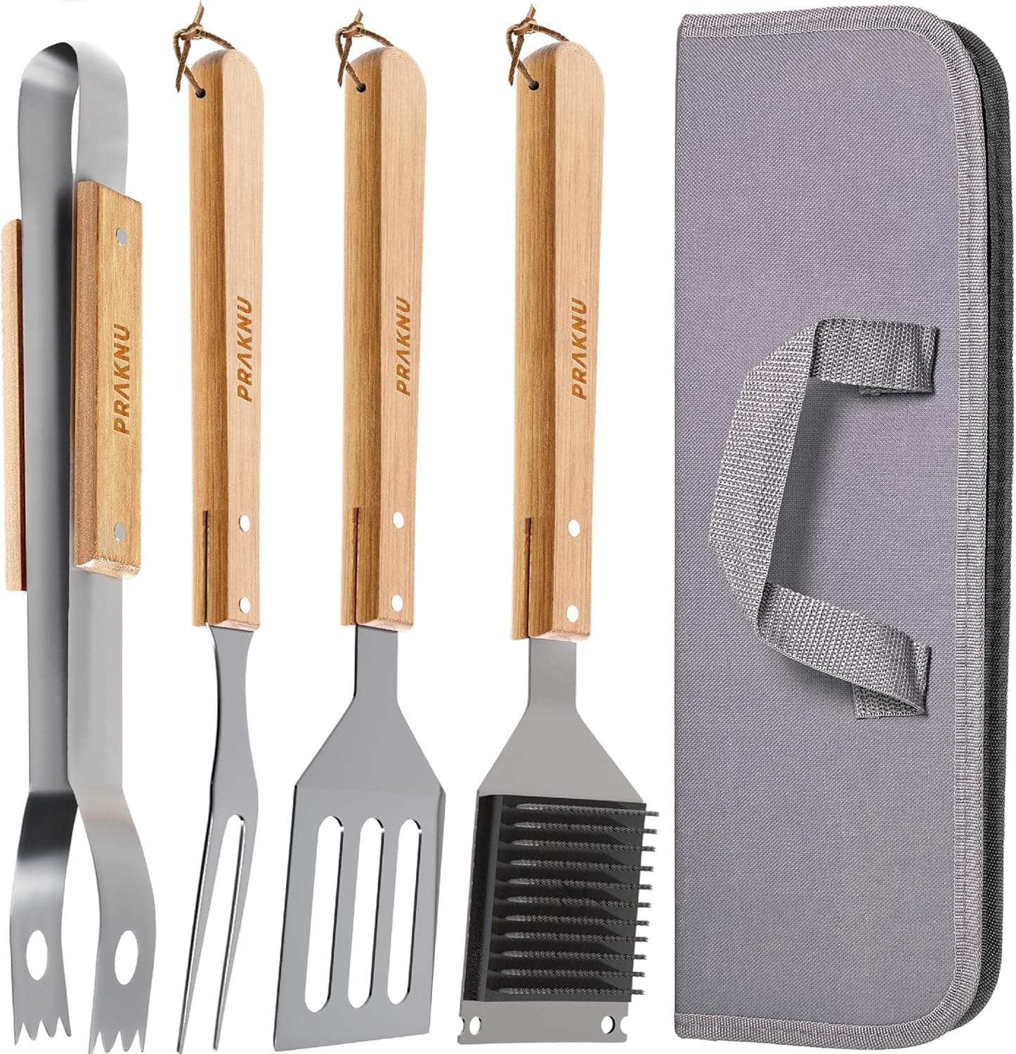 Praknu Grillbesteck Set mit Holzgriffen und Tragetasche - Hitzebeständig, Rostfrei und Robust - Grill Zubehör Set mit Grillbürste, Zange, Wender und Fleischgabel - Grillzubehör - Männer Geschenk