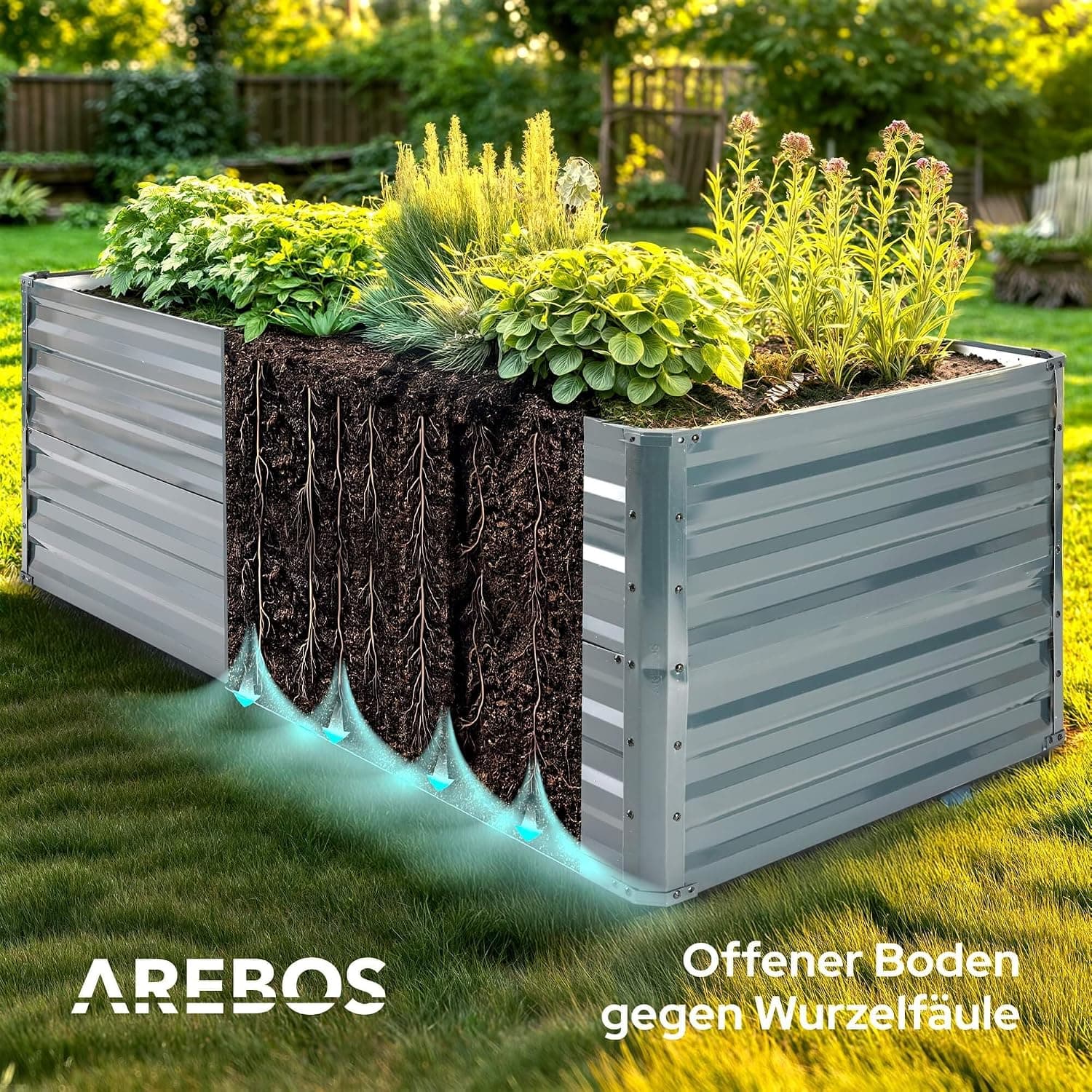 Arebos Hochbeet Metall 180x90x79 cm | Gartenbeet aus verzinktem Stahl | Pflanzbeet wetterfest &amp; rostfrei | Rechteckiges Gemüsebeet für Garten &amp; Terrasse | Hochbeet Bausatz ohne Boden