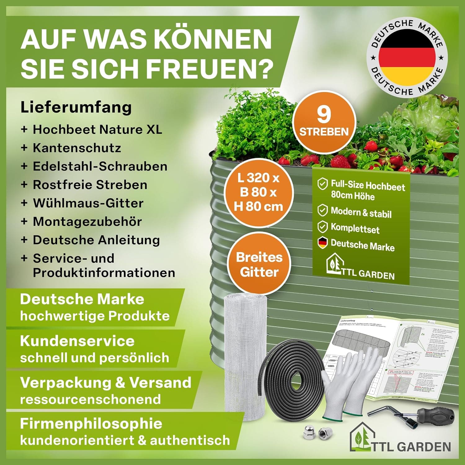 TTL GARDEN 320x80x80cm Nature XL Metall Hochbeet Salbei-Grün - Stahl rostfrei verzinkt &amp; lackiert Wellblech oval 80cm hoch sehr stabil Garten Beet für Gemüse Kräuter Blumen Gartenbeet Gemüsebeet