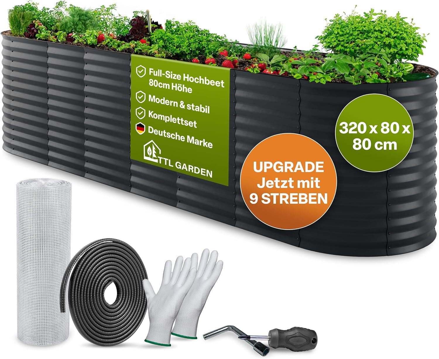 TTL GARDEN 320x80x80cm Elegance XL Metall Hochbeet Anthrazit - Stahl rostfrei verzinkt &amp; grau lackiert Wellblech ovale Form sehr stabil Garten Beet für Gemüse Kräuter Blumen Gartenbeet Gemüsebeet