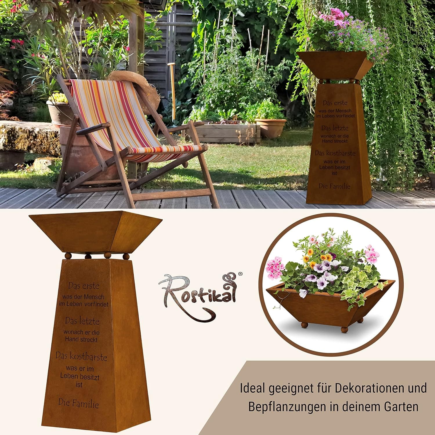 Rostikal Edelrost Säule Familie 72 cm - Pflanzsäule mit Schale und Spruch - Gartendeko Rost, Blumensäule Outdoor Vintage, Rostsäule für Garten, Balkon und Terrasse