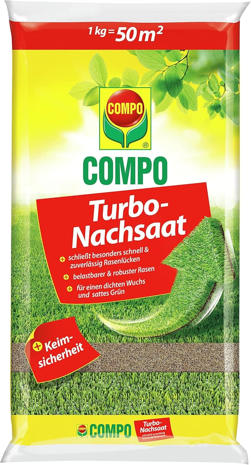 COMPO Turbo‑Nachsaat, 2,6 kg für 130 m² – Premium Rasensamen schnellkeimend und mit Keimsicherheit zur schnellen Reparatur von strapazierfähigen Spiel‑ und Gebrauchsrasen, Nachsaat Rasen Frühjahr