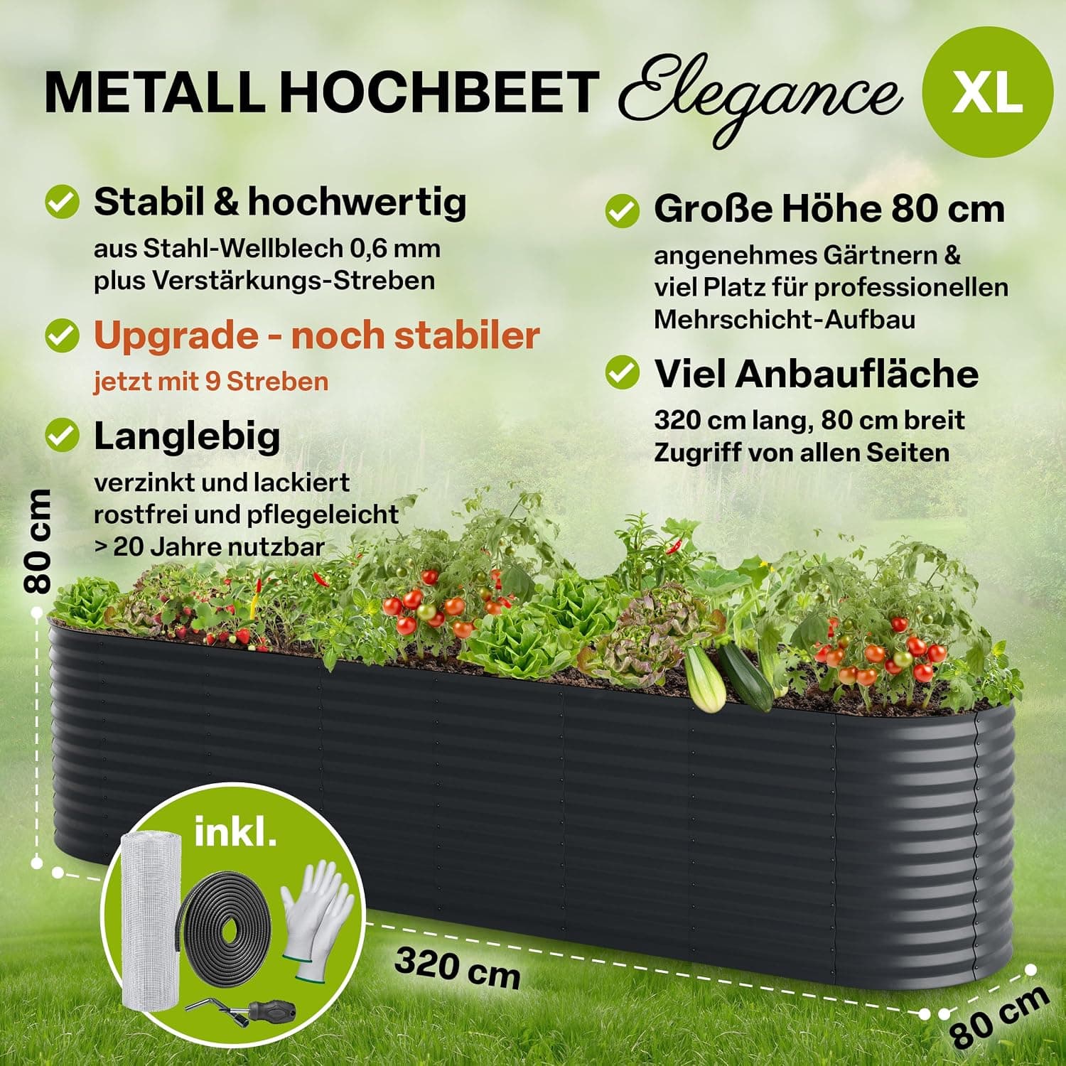 TTL GARDEN 320x80x80cm Elegance XL Metall Hochbeet Anthrazit - Stahl rostfrei verzinkt &amp; grau lackiert Wellblech ovale Form sehr stabil Garten Beet für Gemüse Kräuter Blumen Gartenbeet Gemüsebeet