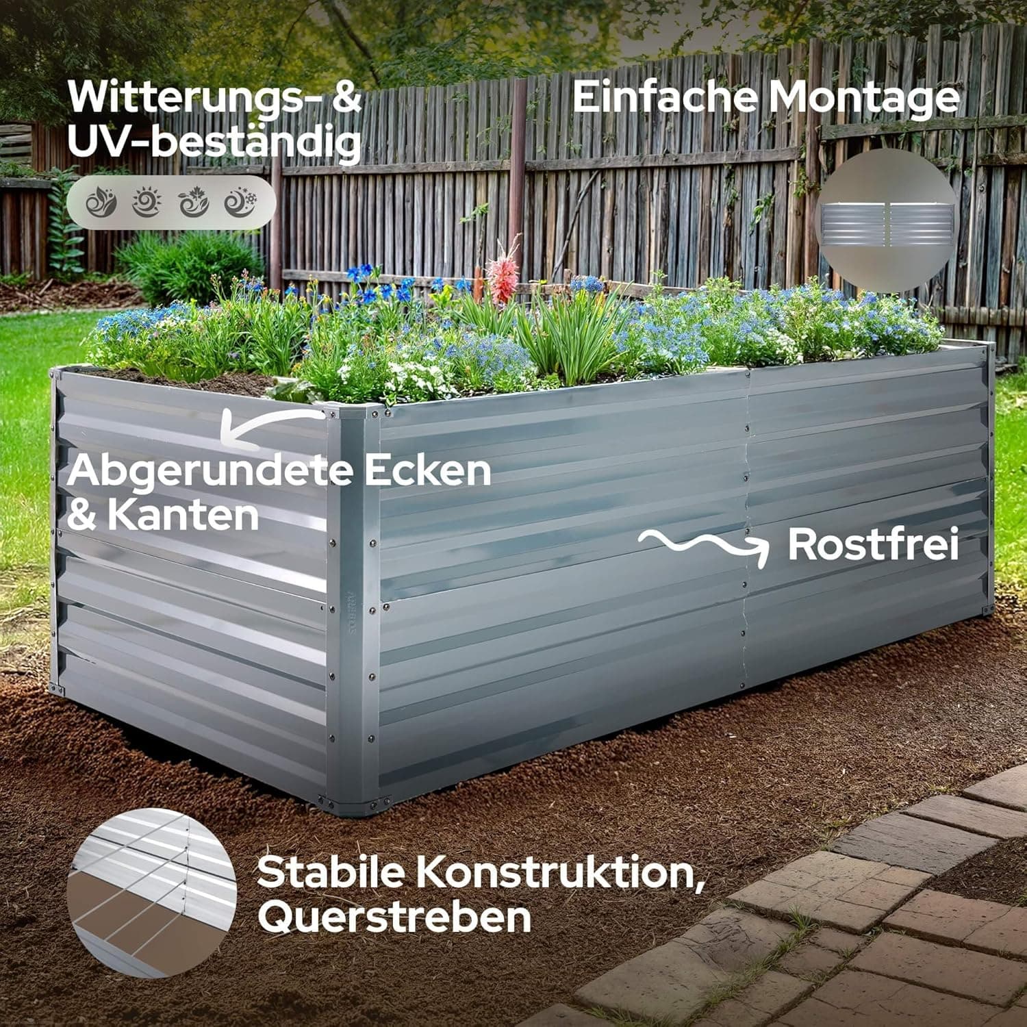 Arebos Hochbeet Metall 180x90x79 cm | Gartenbeet aus verzinktem Stahl | Pflanzbeet wetterfest &amp; rostfrei | Rechteckiges Gemüsebeet für Garten &amp; Terrasse | Hochbeet Bausatz ohne Boden