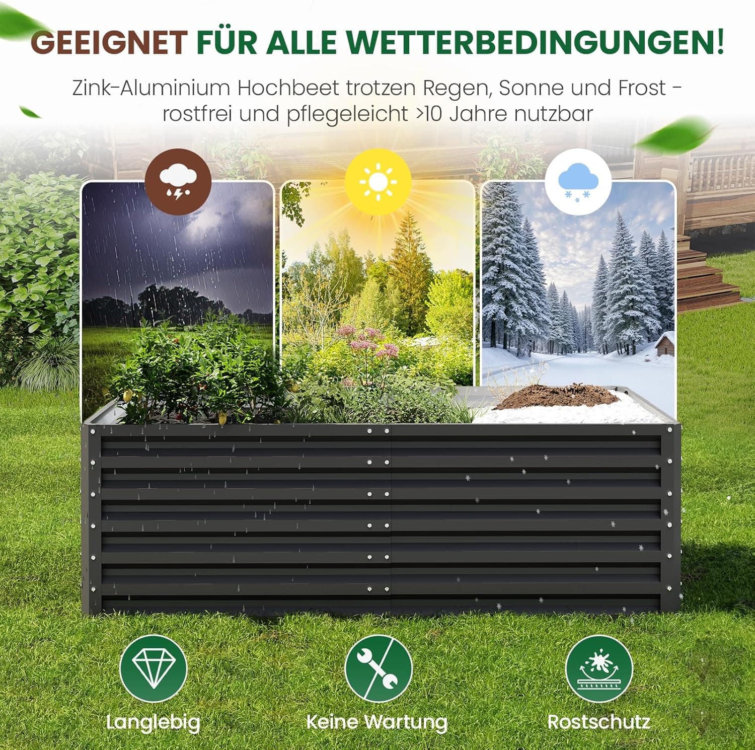 UDPATIO Hochbeet aus Metall,180x60x90 cm, Zink-Aluminium Freistehendes Hochbeete für Garten und Balkon, 970 L Pflanzkasten für Garten, zum Anbau von Gemüse, Blumen und Obst, Grauschwarz