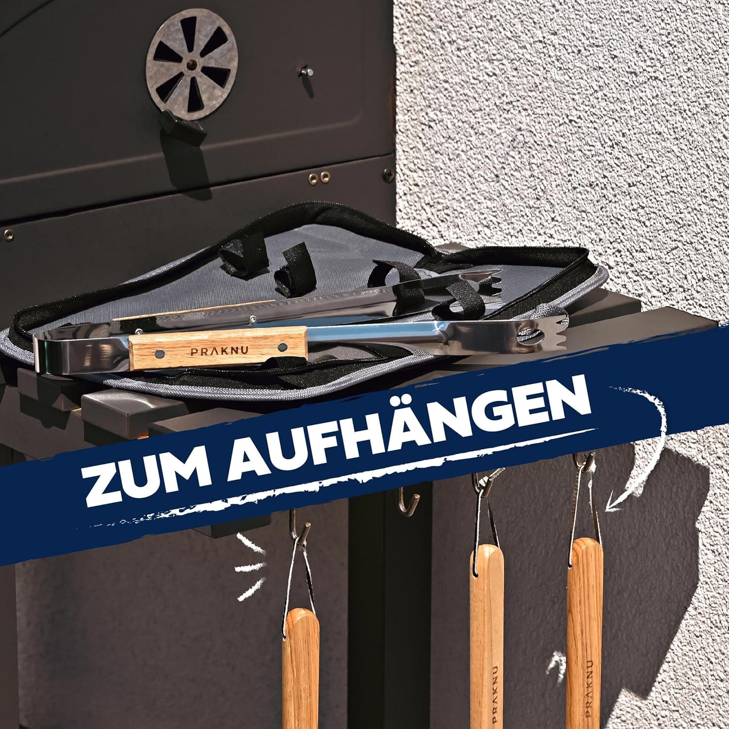 Praknu Grillbesteck Set mit Holzgriffen und Tragetasche - Hitzebeständig, Rostfrei und Robust - Grill Zubehör Set mit Grillbürste, Zange, Wender und Fleischgabel - Grillzubehör - Männer Geschenk