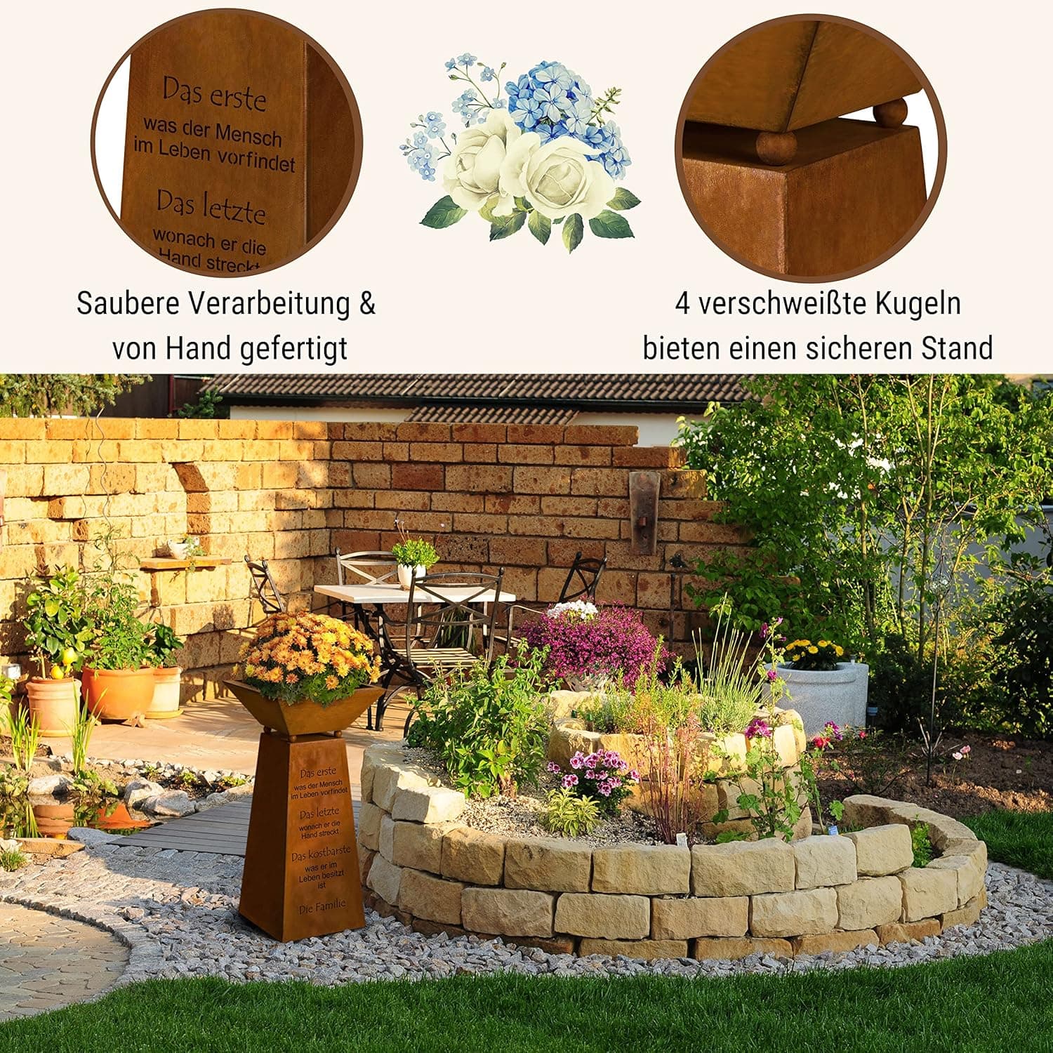 Rostikal Edelrost Säule Familie 72 cm - Pflanzsäule mit Schale und Spruch - Gartendeko Rost, Blumensäule Outdoor Vintage, Rostsäule für Garten, Balkon und Terrasse