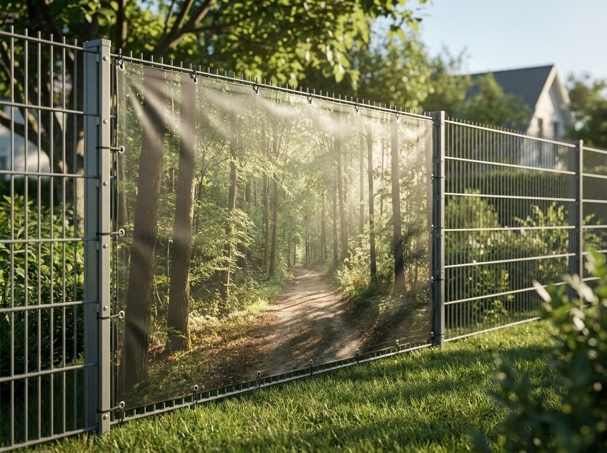 TRIOSK Sichtschutz Garten Deko Zaun Plane Blickdicht groß mit Zaunblende Motiv Waldpfad Wald Sonnenweg für Zaunelement Doppelstabmatten Stabmattenzaun Gartenzaun PVC 250x180 cm