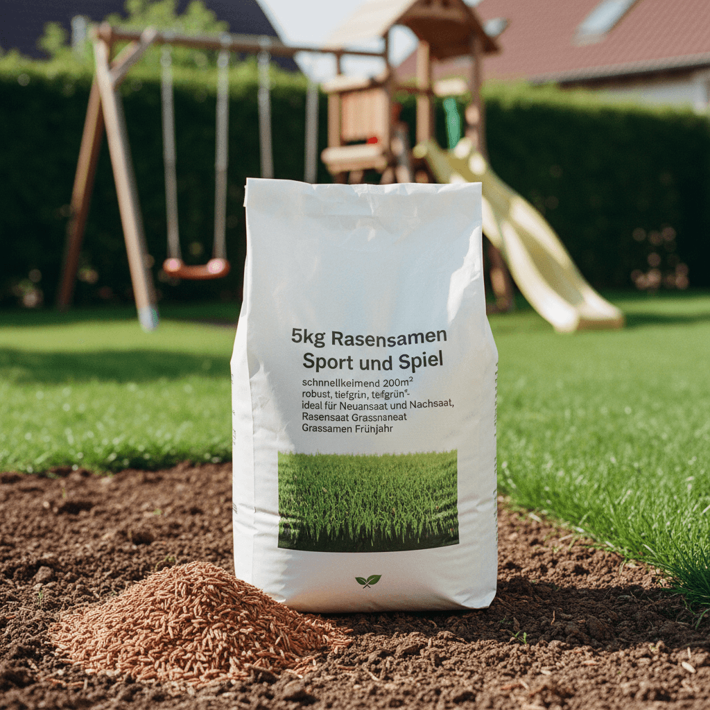 5kg Rasensamen Sport und Spiel schnellkeimend 200m², robust, tiefgrün, ideal für Neuansaat und Nachsaat, Rasensaat Grassamen Frühjahr