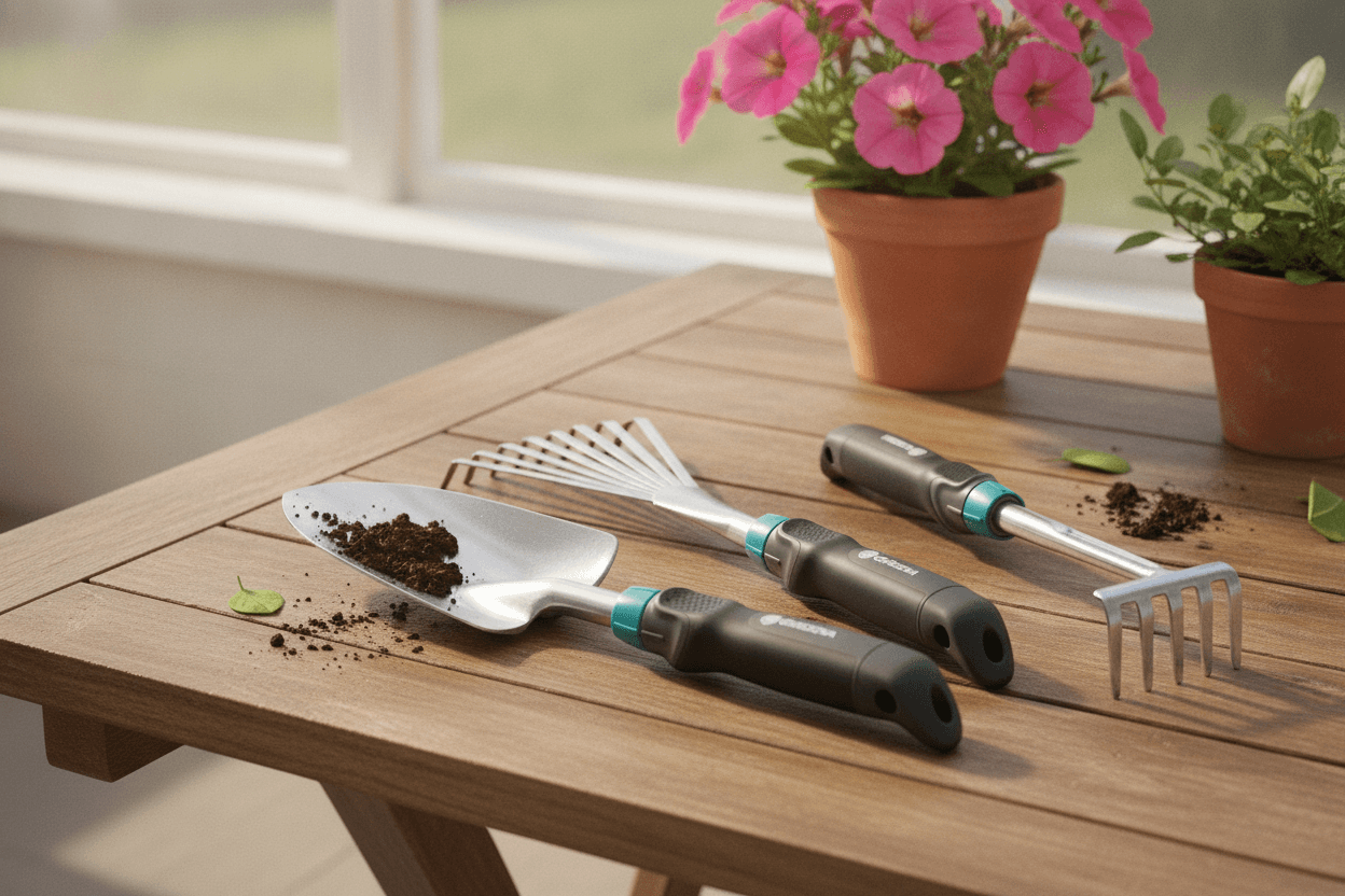 Gardena Comfort Kleingeräte-Set: ideales Set für Blumenbeet und Balkon bestehend aus Blumenkelle, Kleinbesen und Blumenrechen (8964-60)