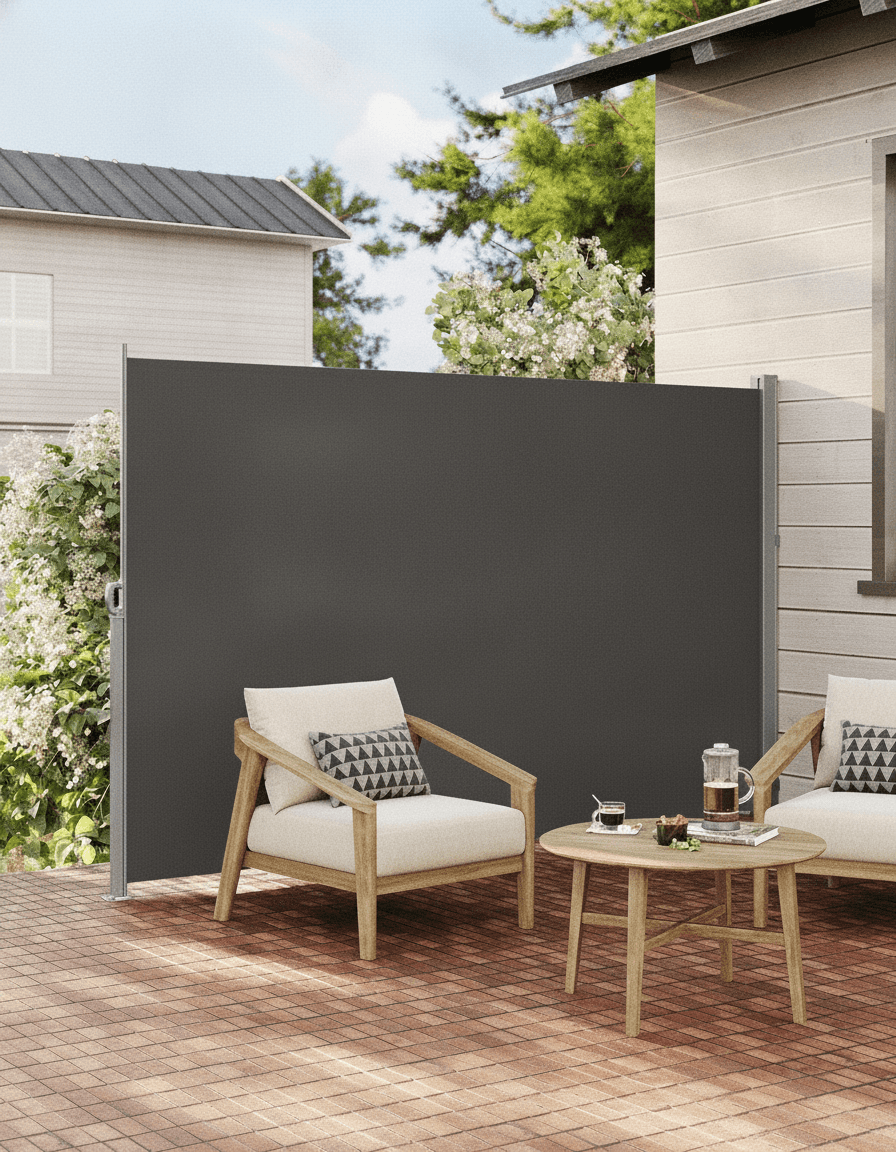 SONGMICS Seitenmarkise mit Stahl-Kasten, rostbeständig, ausziehbar, 180 x 350 cm, Windschutz, Sonnenschutz, blickdicht, Seitenrollo, für Balkon, Terrasse, Garten, anthrazit GSA185G02