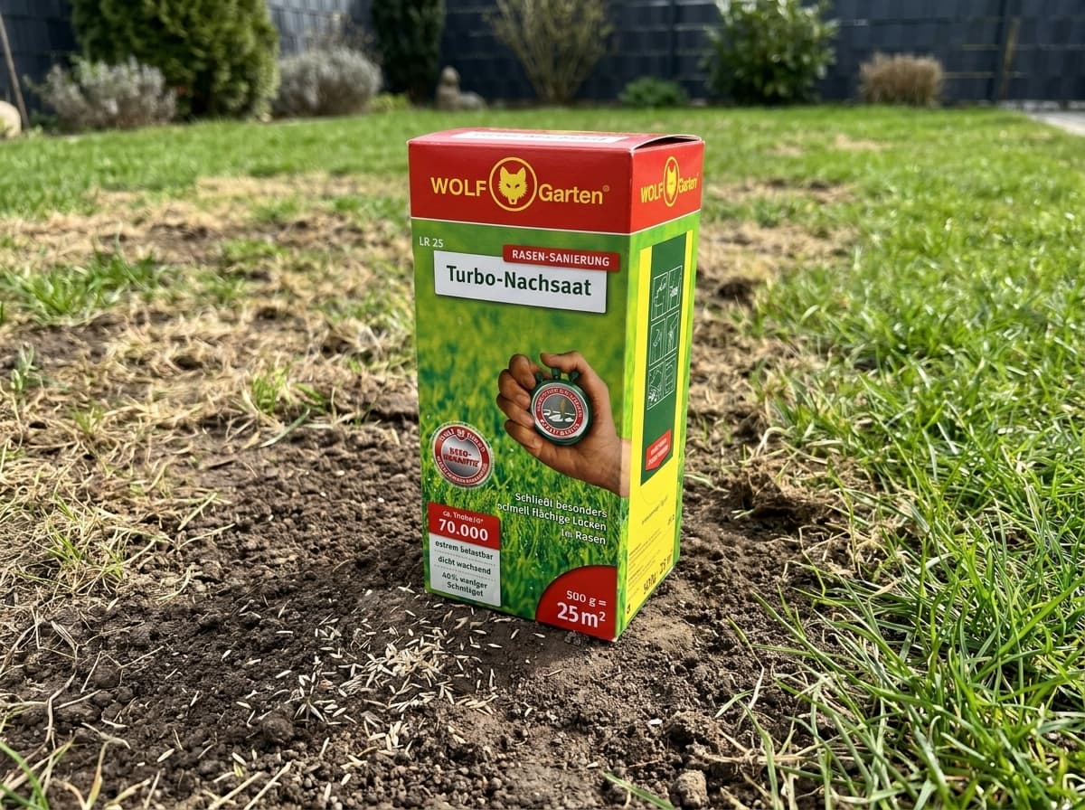 WOLF-Garten Turbo-Nachsaat zur Rasensanierung LR25 (für 25 m², hohe Dichte mit ca. 70.000 Trieben/m², für alle Rasentypen geeignet, mit WOLF-Garten Keimgarantie, 500g in Faltschachtel) 3826020