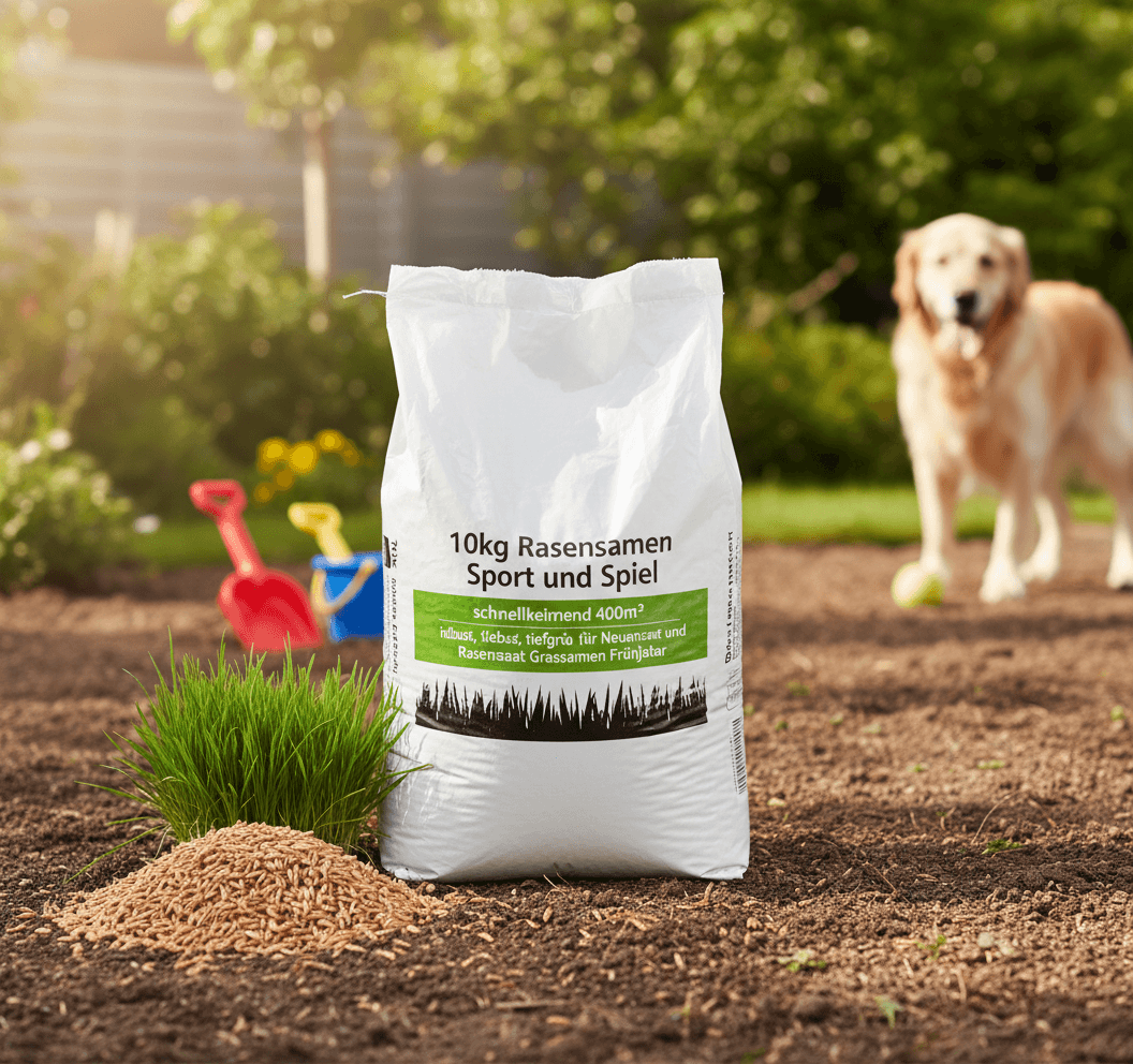 10kg Rasensamen Sport und Spiel schnellkeimend 400m², robust, tiefgrün, ideal für Neuansaat und Nachsaat, Rasensaat Grassamen Frühjahr