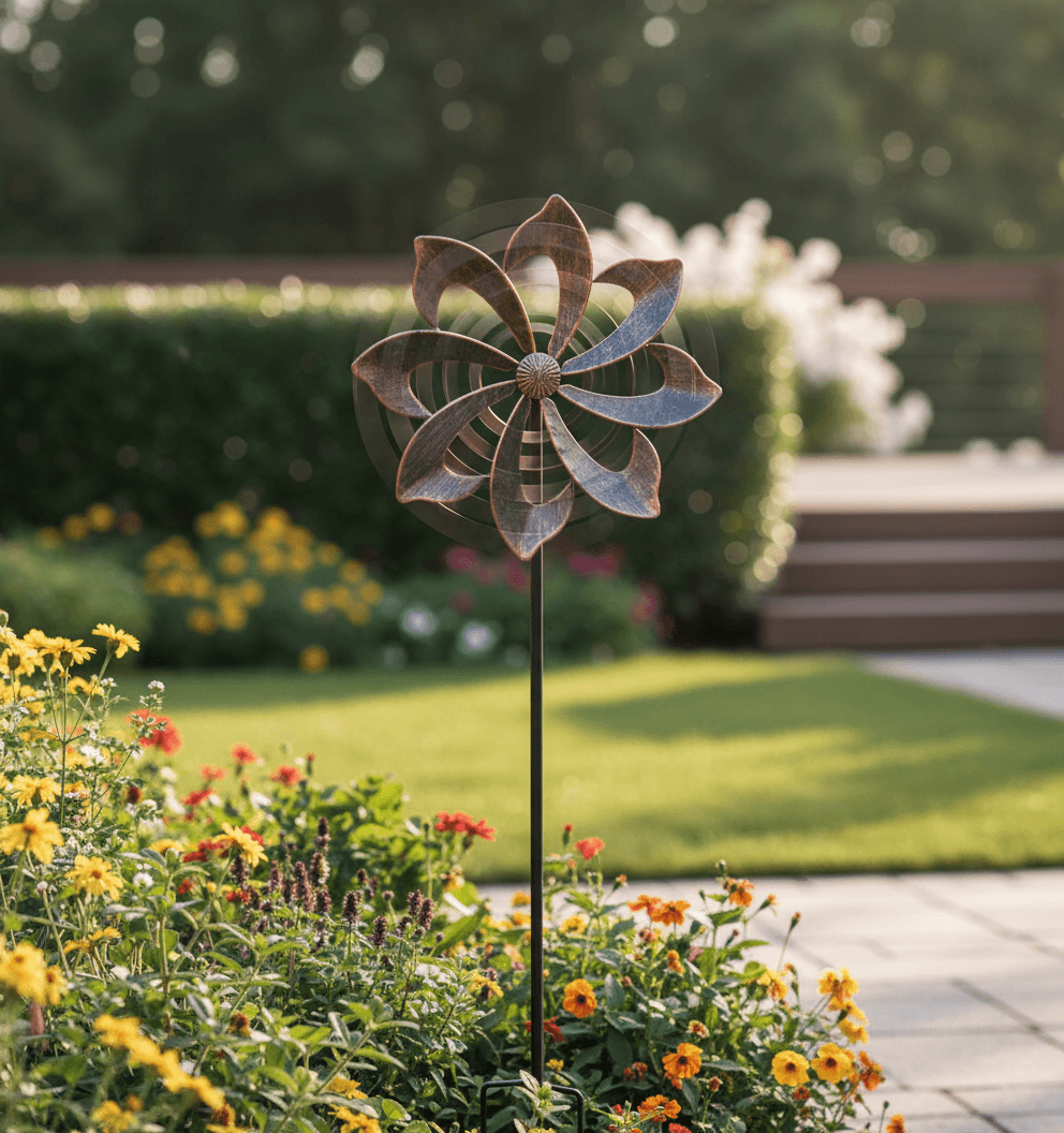 Windrad für draußen - Windspiel aus Metall - Einzelblatt Windrad, Gartendeko für draußen, leicht drehend- ideal für Terrasse und Garten, wetterfestes Gartendeko, standfest - Dahlie 155 cm Kupfer
