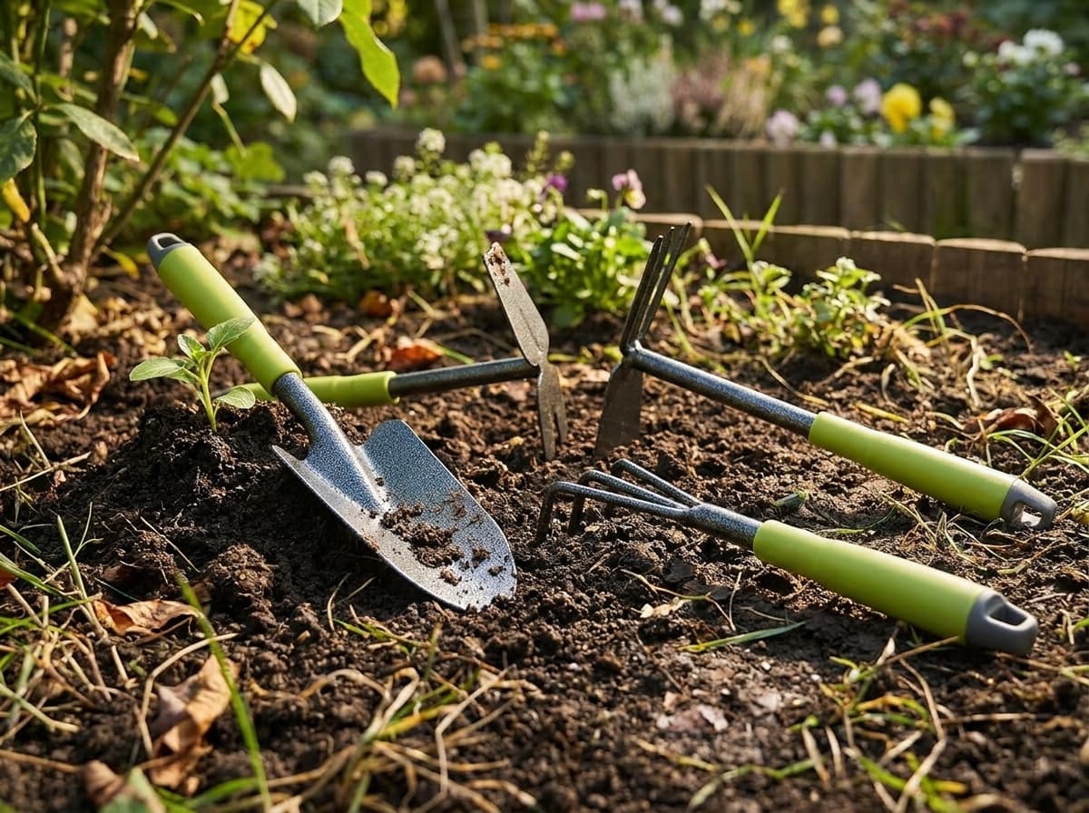 com-four® 5-teiliges Garten-Werkzeug-Set - Gartenset mit Doppelhacke, Kleingrubber, Fugenkratzer, Handrechen, Blumenkelle - Gartenwerkzeug für Pflanzen und Gartenarbeit