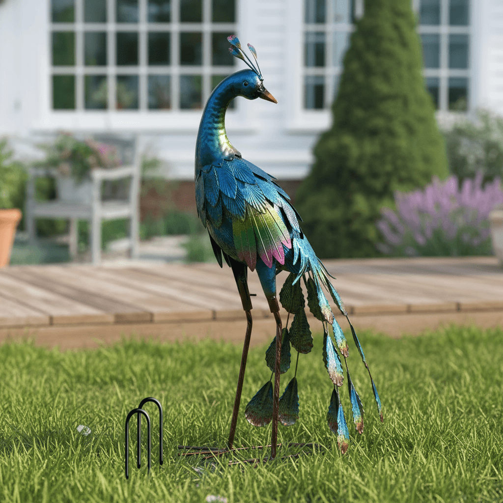 TERESA'S COLLECTIONS Gartendeko für draußen, Gartenfigur für Außen, 45.7cm Metall Pfau Wetterfest Figur, Stehende Pfau Metallfigur für Terrasse Balkon Rasen, Muttertagsgeschenk Vatertagsgeschenk(M)