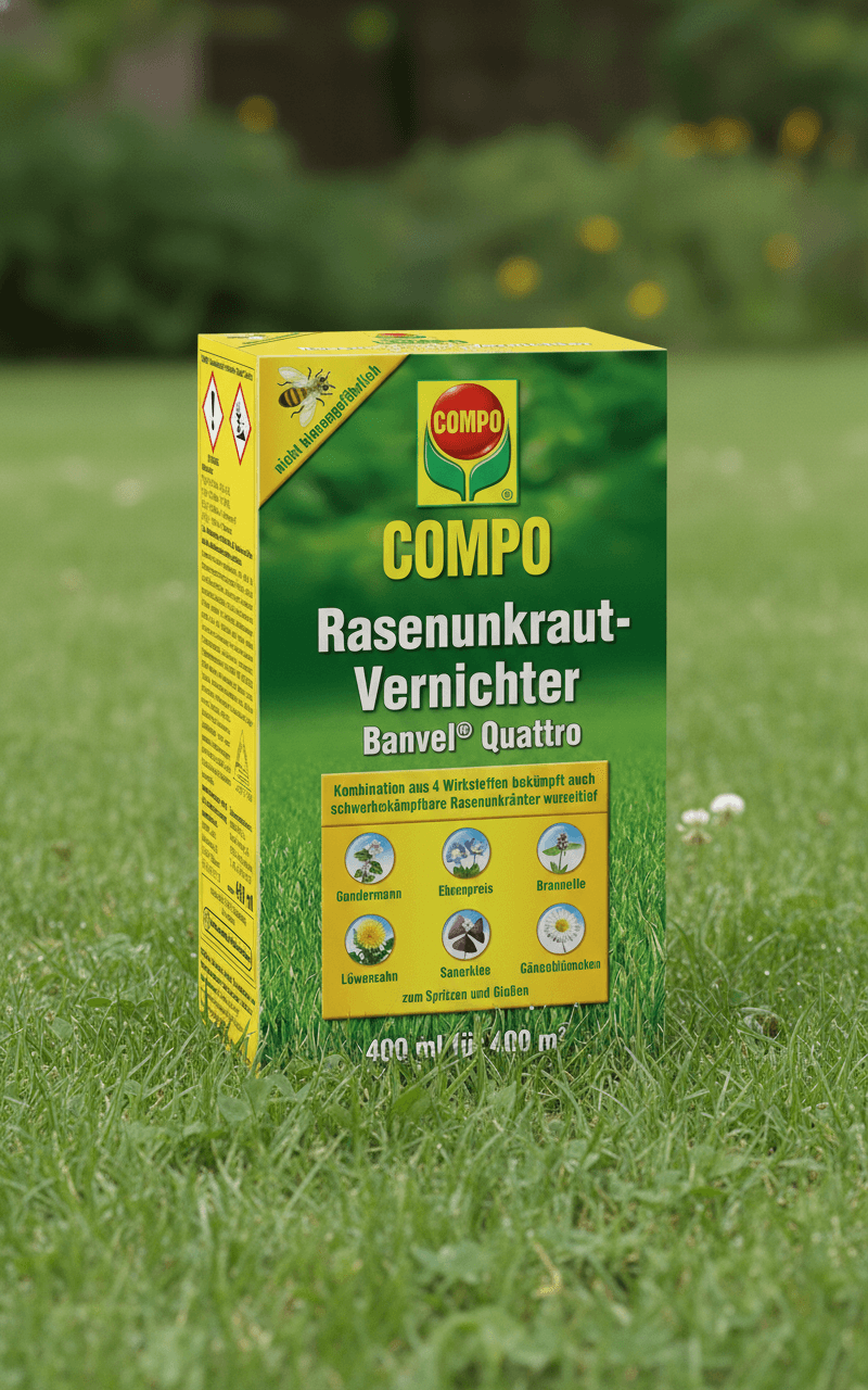 COMPO Rasenunkraut-Vernichter Banvel Quattro, Bekämpfung von schwerbekämpfbaren Unkräutern im Rasen, Konzentrat, 400 ml (400 m²)