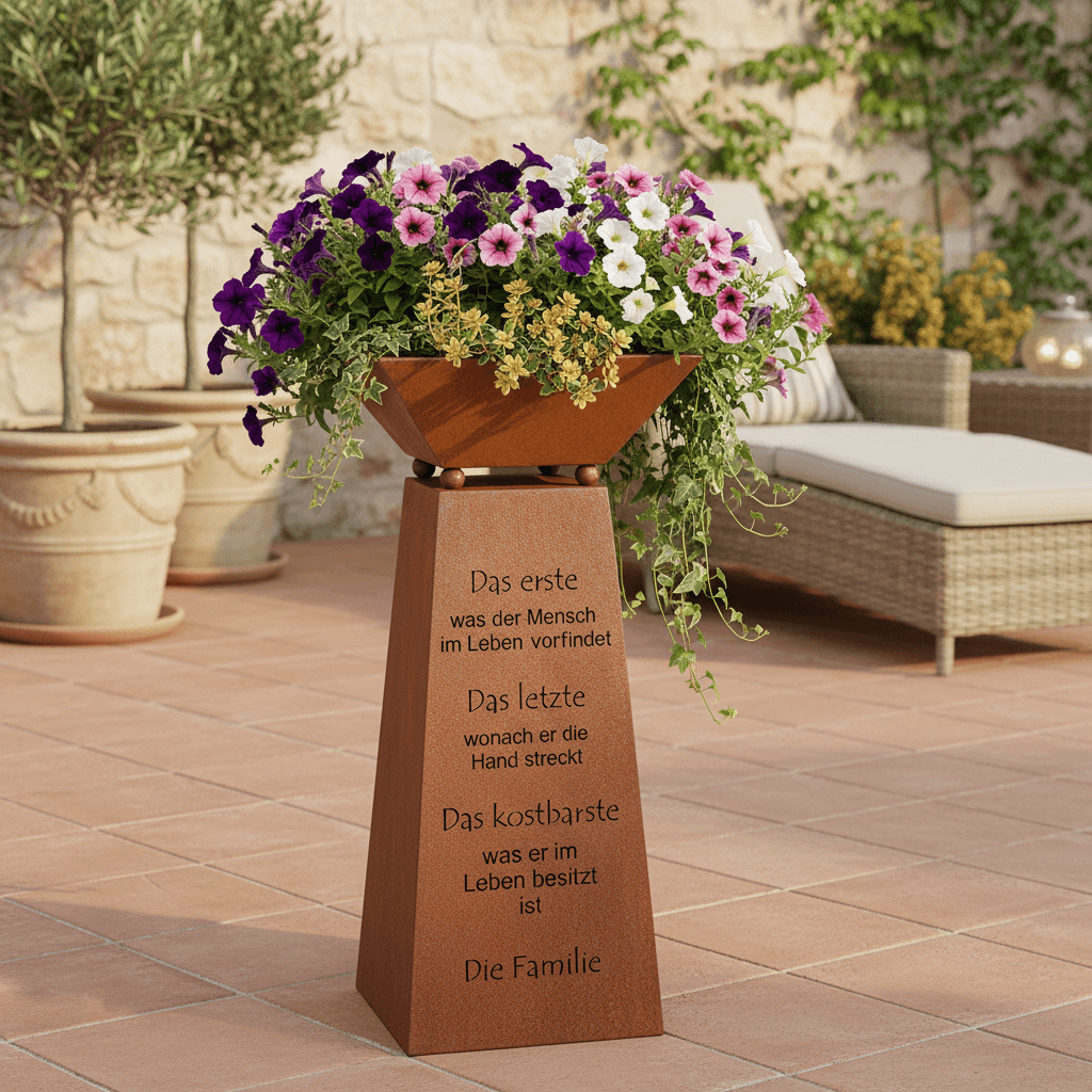 Rostikal Edelrost Säule Familie 72 cm - Pflanzsäule mit Schale und Spruch - Gartendeko Rost, Blumensäule Outdoor Vintage, Rostsäule für Garten, Balkon und Terrasse