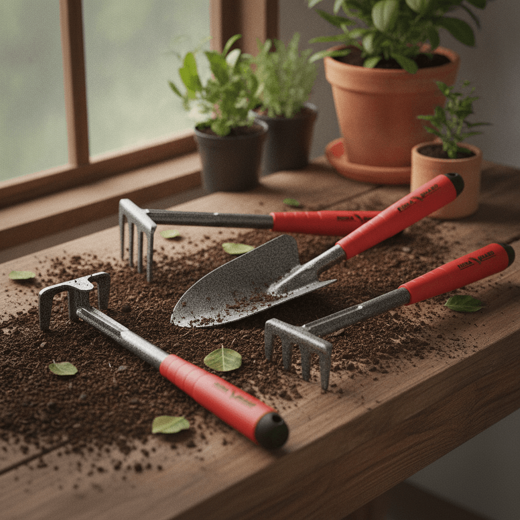FLORA GUARD 6-teiliges Gartenwerkzeug Set, Gartengeräte Set mit Unkrautstecher, Kelle, Handrechen, Hacke & Kultivator aus Kohlenstoffstahl, Garten Handwerkzeug Set für Pflanzenpflege und Bodenarbeit