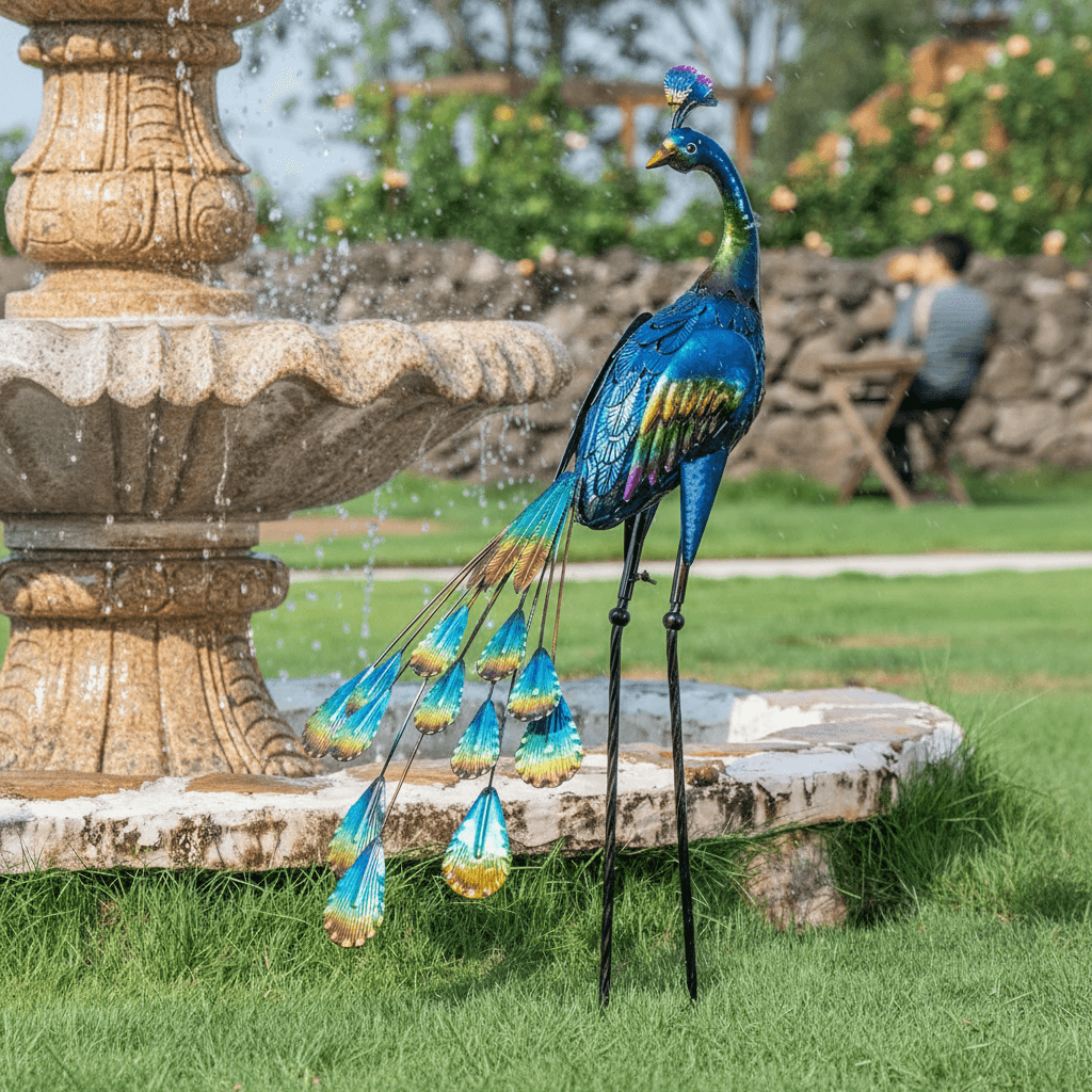 TERESA'S COLLECTIONS Gartendeko für draußen, 61cm große Gartenstatue, Pfau, aus Metall, Skulpturen, stehend, für Dekoration von Rasen, Terrasse,Muttertagsgeschenk Vatertagsgeschenk(M)