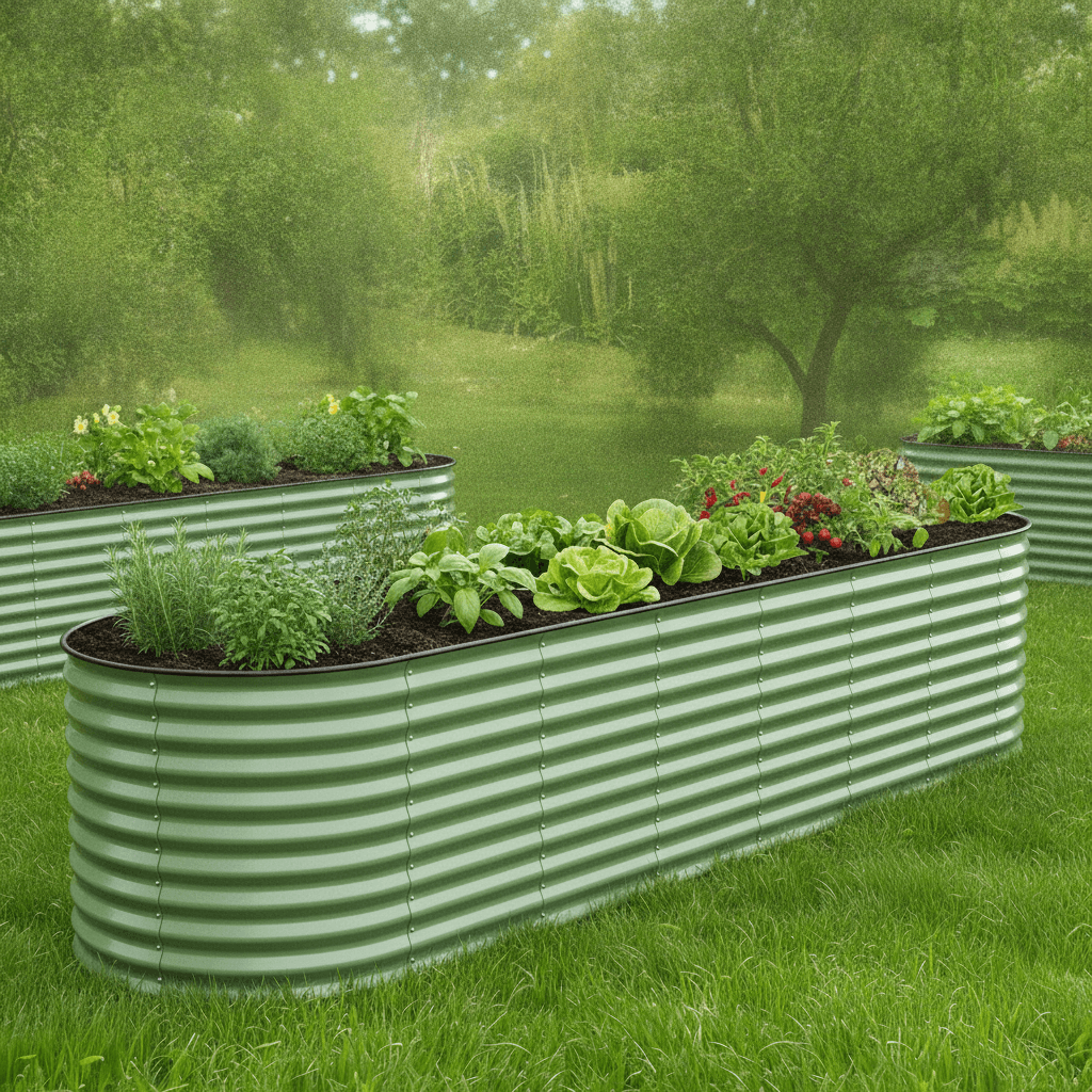 TTL GARDEN 320x80x80cm Nature XL Metall Hochbeet Salbei-Grün - Stahl rostfrei verzinkt & lackiert Wellblech oval 80cm hoch sehr stabil Garten Beet für Gemüse Kräuter Blumen Gartenbeet Gemüsebeet
