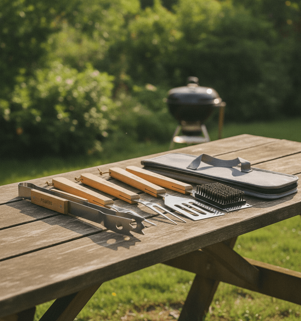 Praknu Grillbesteck Set mit Holzgriffen und Tragetasche - Hitzebeständig, Rostfrei und Robust - Grill Zubehör Set mit Grillbürste, Zange, Wender und Fleischgabel - Grillzubehör - Männer Geschenk