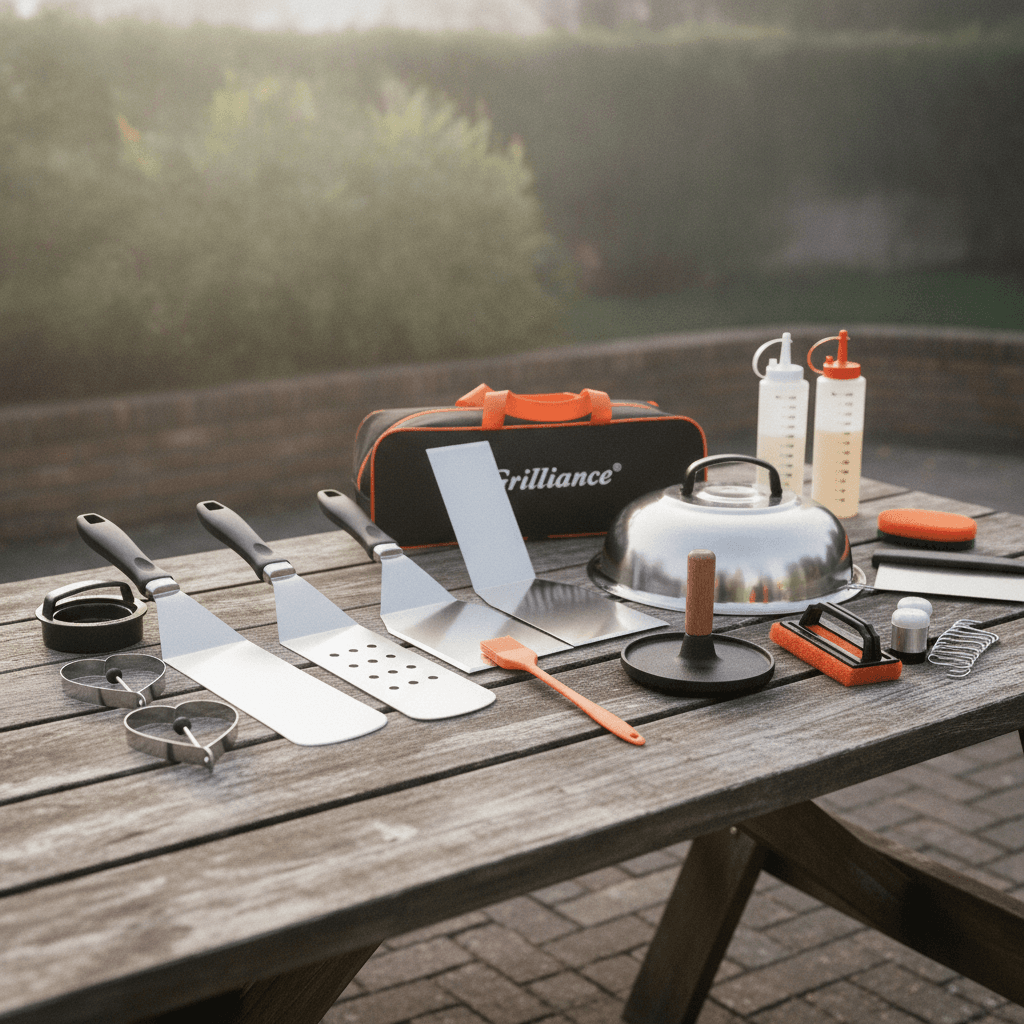 Grilliance 27-TLG Grillspachtel Plancha Zubehör für Männer, Teppanyaki BBQ Grillbesteck Set Edelstahl, Hibachi Smasher Burger Geschenkset mit Pfannenwender, Burgerpresse, Patty-Maker für Blackstone